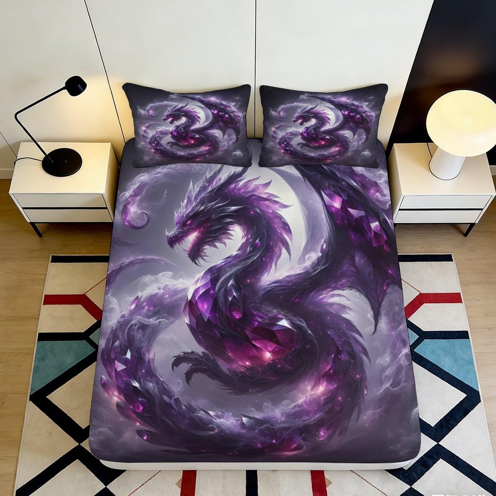 3D Printed Purple Dragon Fitted Sheet Microfiber Soft Durable Cosmic Nebula Mattress Cover for Bedroom Dormitory Guest Room Bed Protection Decoration 120x200x25cm