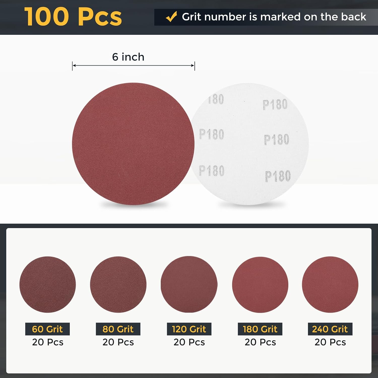 HARFINGTON 100 Pcs 6 Inch Sanding Disc 60/80/120/180/240 Grit Hook and Loop Sandpaper Random Orbital Sander Pads for Woodworking Automotive Metal Polishing