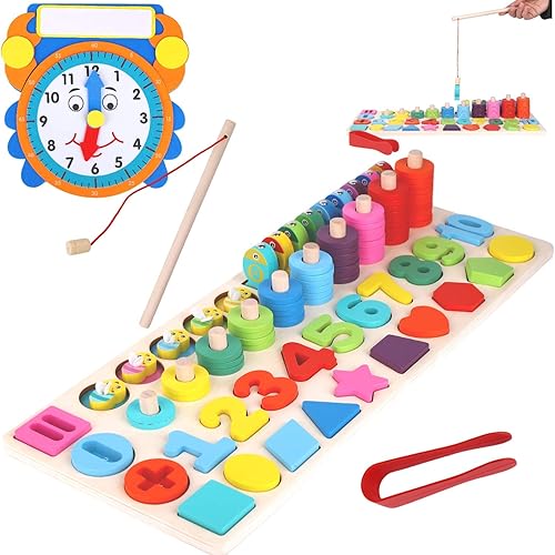 Miniatura 8 de Montessori - Juguetes de habilidad motora fina, juego de forma de números de madera matemática con reloj de aprendizaje y cuentas de cordones