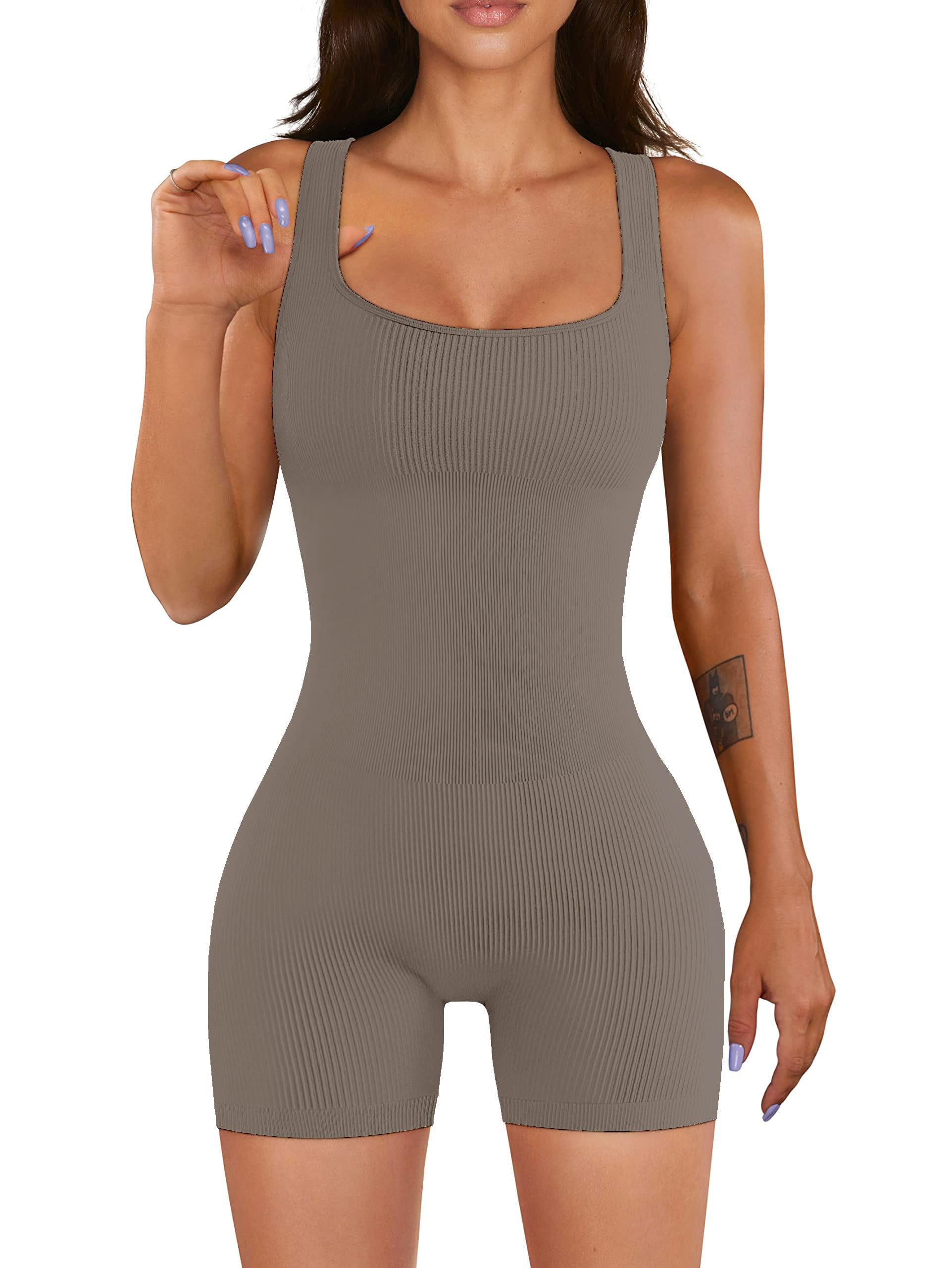 YIOIOIO Women Workout Romper Yoga Ribbed Square Neck One Piece Seamless Tank Top Jumpsuit
