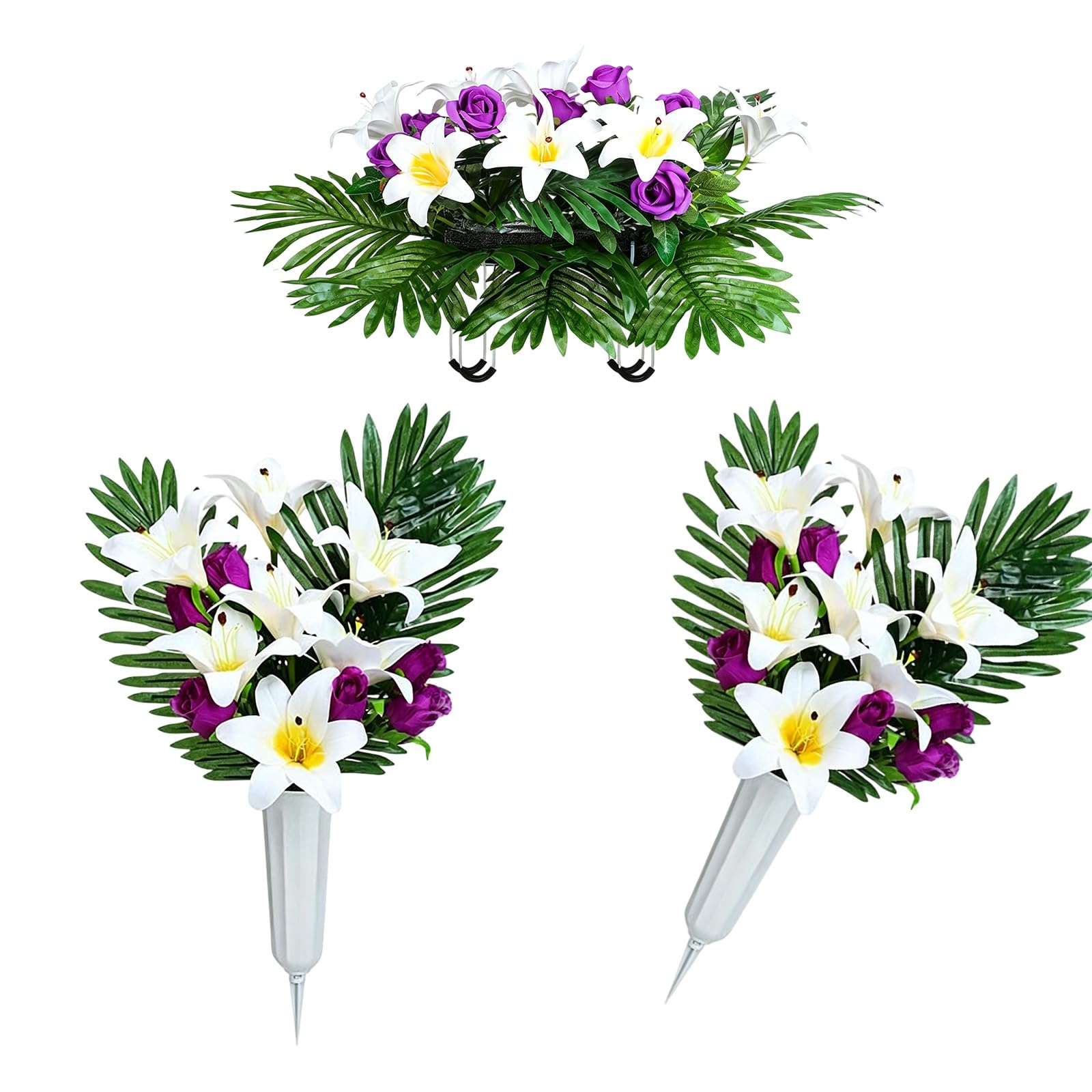 Oxxggkao Headstones Saddles Flowers and Stake Bouquets Artificial Florals Set for Cemetery Graveside Remembrance Display and Seasonal Tributes Decoration Lilies Decoration