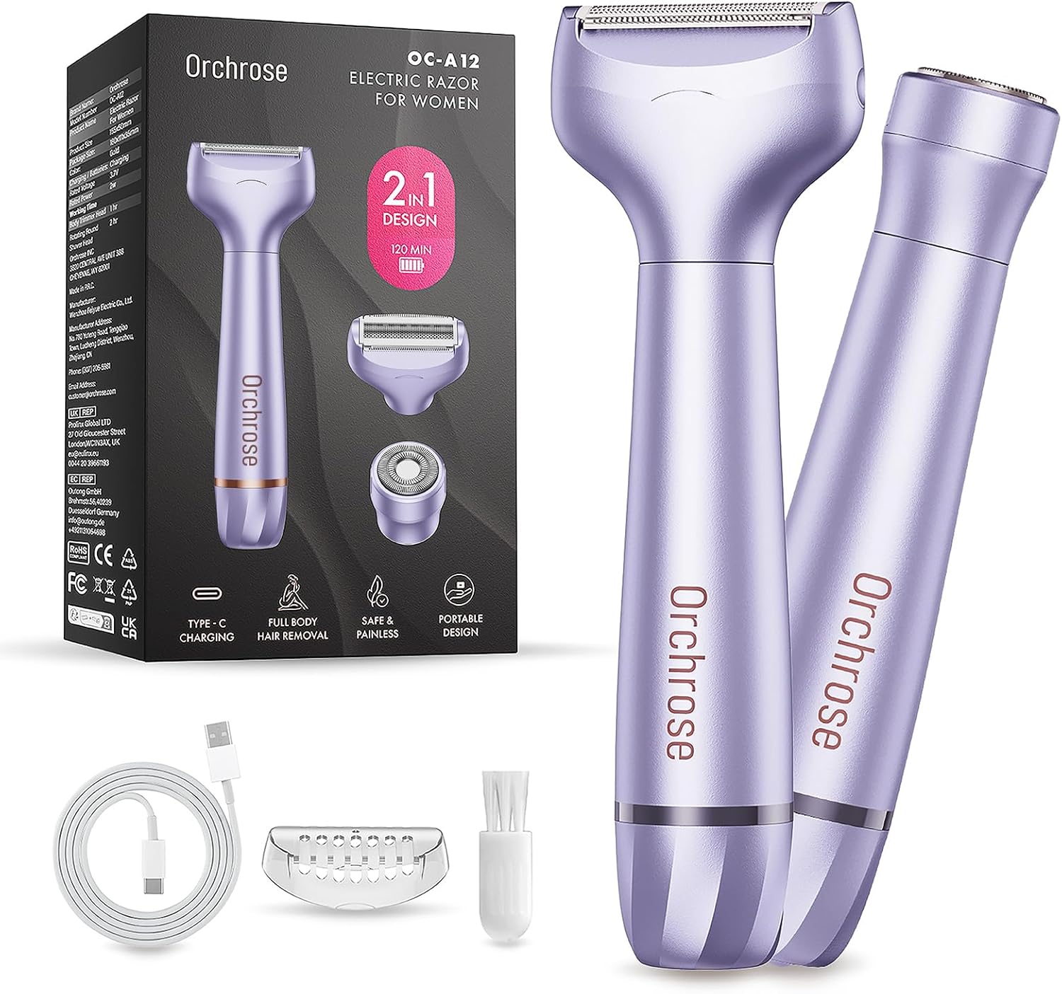 Orchrose Electric Razor for Women 2-in-1: Painless Rechargeable Shaver for Face Legs Underarms and Bikini Area – Travel Lock (Purple)