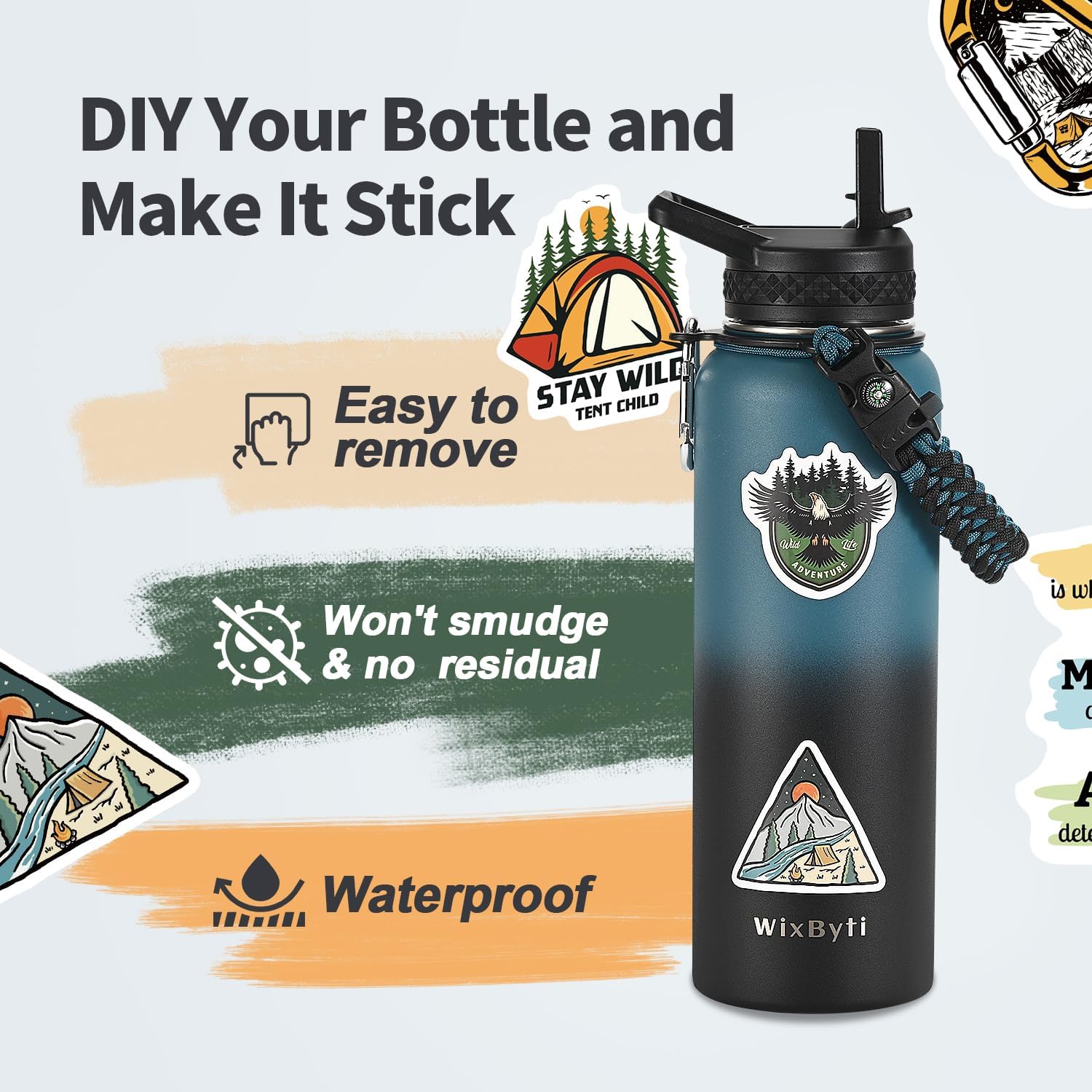 40 oz Insulated Water Bottle with Straw (Cold for 48 Hrs), Stainless Steel Triple Wall Vacuum Sports Water Jug, Leakproof Hydro Cup Flask with Paracord Handle & Straw Spout Lids & DIY Stickers - Image 5