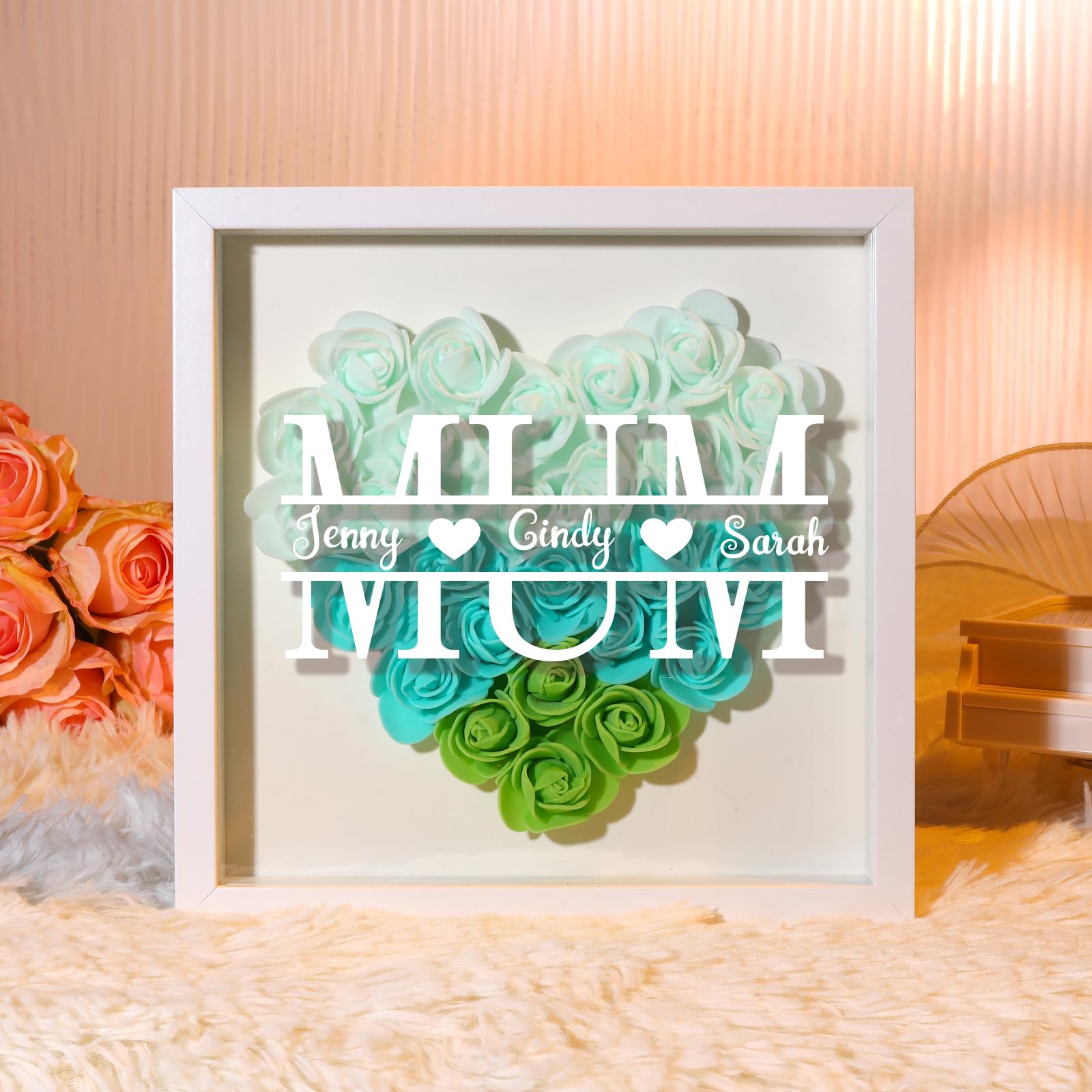 Personalised Mothers Day Rose Flower Shadow Box Frame with Name Gifts for Mum from Daughter Son (Green)