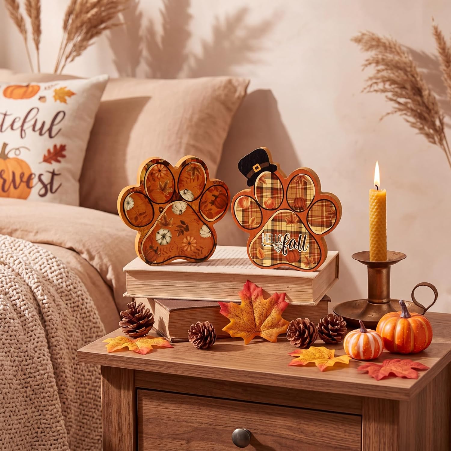 2 Pcs Fall Dog Paw Print Decor Hello Autumn Table Shelf Wood Sign