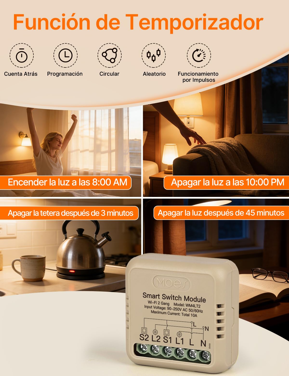 MOES Interruptor Inteligente Wifi, 2 Vía | MINI Smart Switch, Módulo Interruptor, Control Tuya/Smart life APP, Compatible Alexa, Google Home