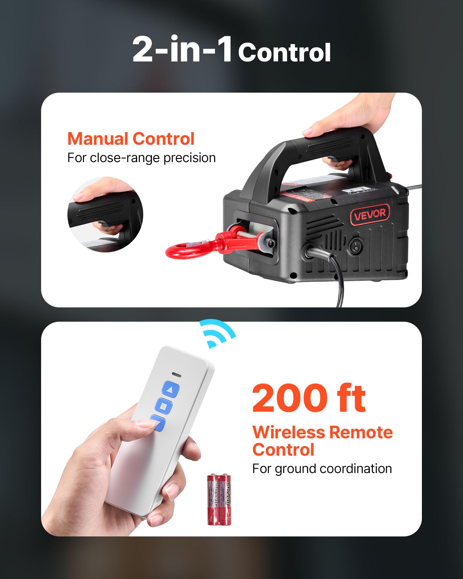 VEVOR Verricello Paranco Elettrico per Sollevamento di Carico, Capacità max. 500 kg, Argano Portatile da 1500 W, Altezza di Sollevamento 7,6 m, Telecomando Manuale e Wireless da Officina Garage