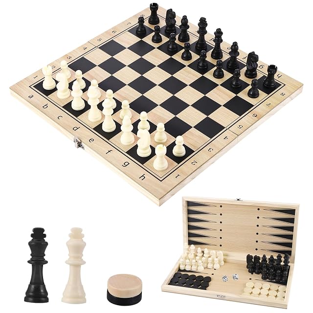 Juego de Ajedrez 3 en 1 de Madera, Plegable, Ajedrez, Damas Backgammon