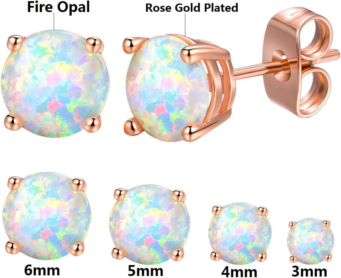 Stunning Rose Gold Plated Opal Studs, 18K Rose Gold Plated Opal Stud Earrings 6MM Round For Women