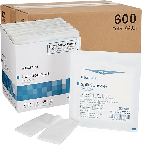 Miniatura 9 de McKesson Esponjas Partidas de Alta Absorción, 6 Capas Estériles, Apósitos para I.V. y Traqueostomía, Mezcla de Poliéster/Rayón, 4 pulgadas x 4