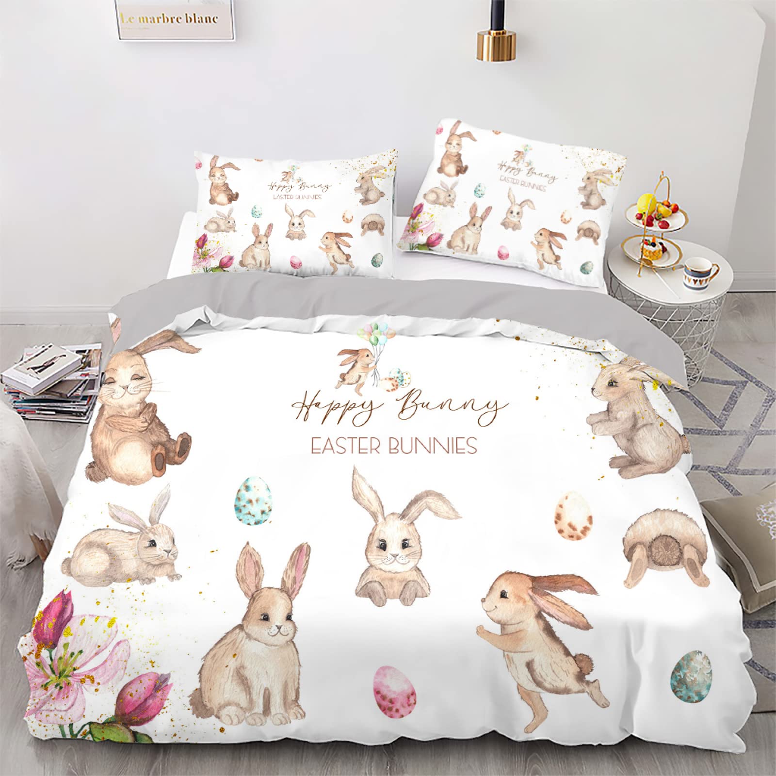 Parure de lit 220x240 adulte lapin blanc microfibre housse de couette 220x240 taies
