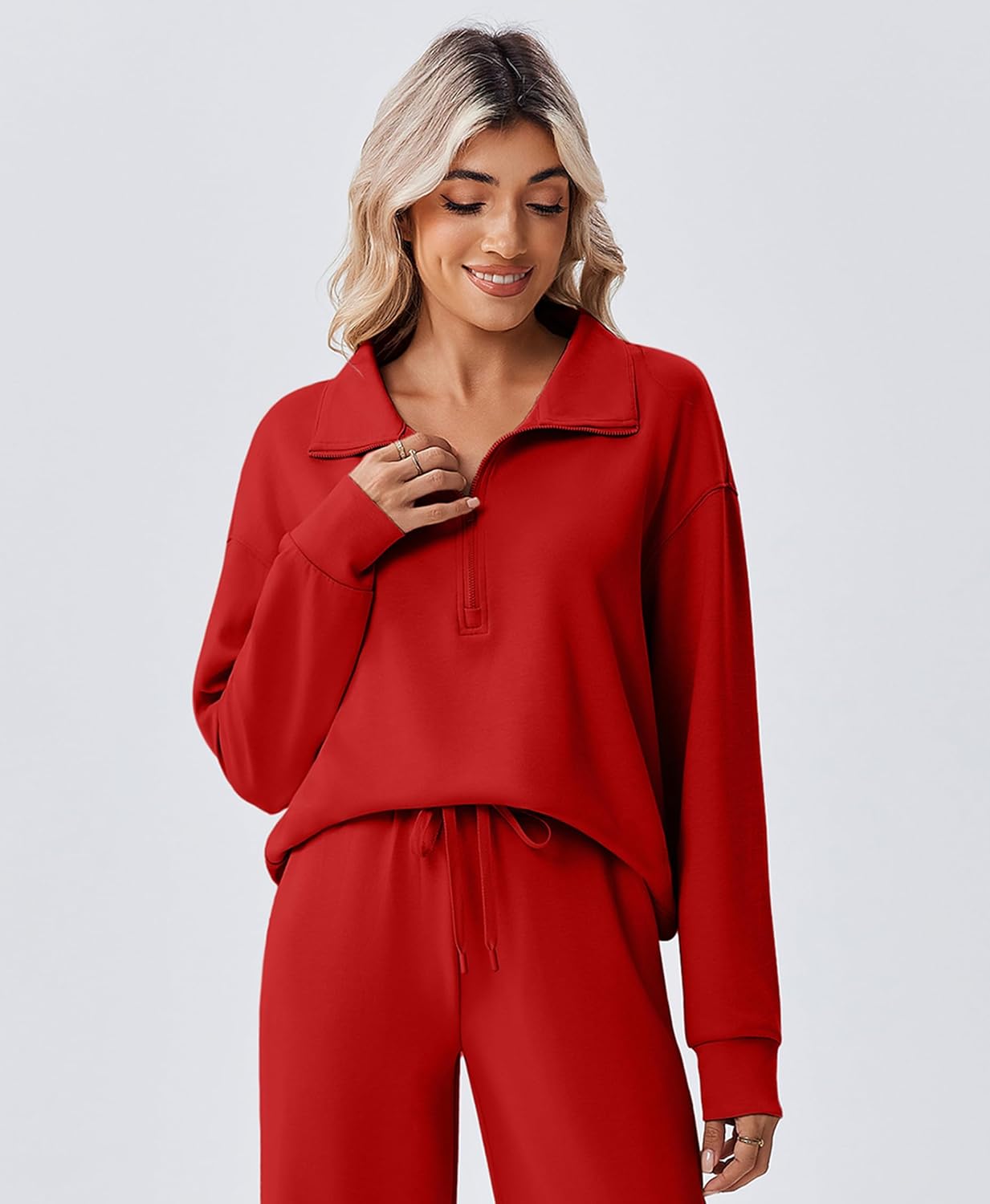 PINSPARK 2 Piece Sets for Women 1/2 Zip Sweatsuit Loose Fit Sweatshirt Straight Leg Pants 2025 Matching Outfit Fall Tracksuit - Image 4