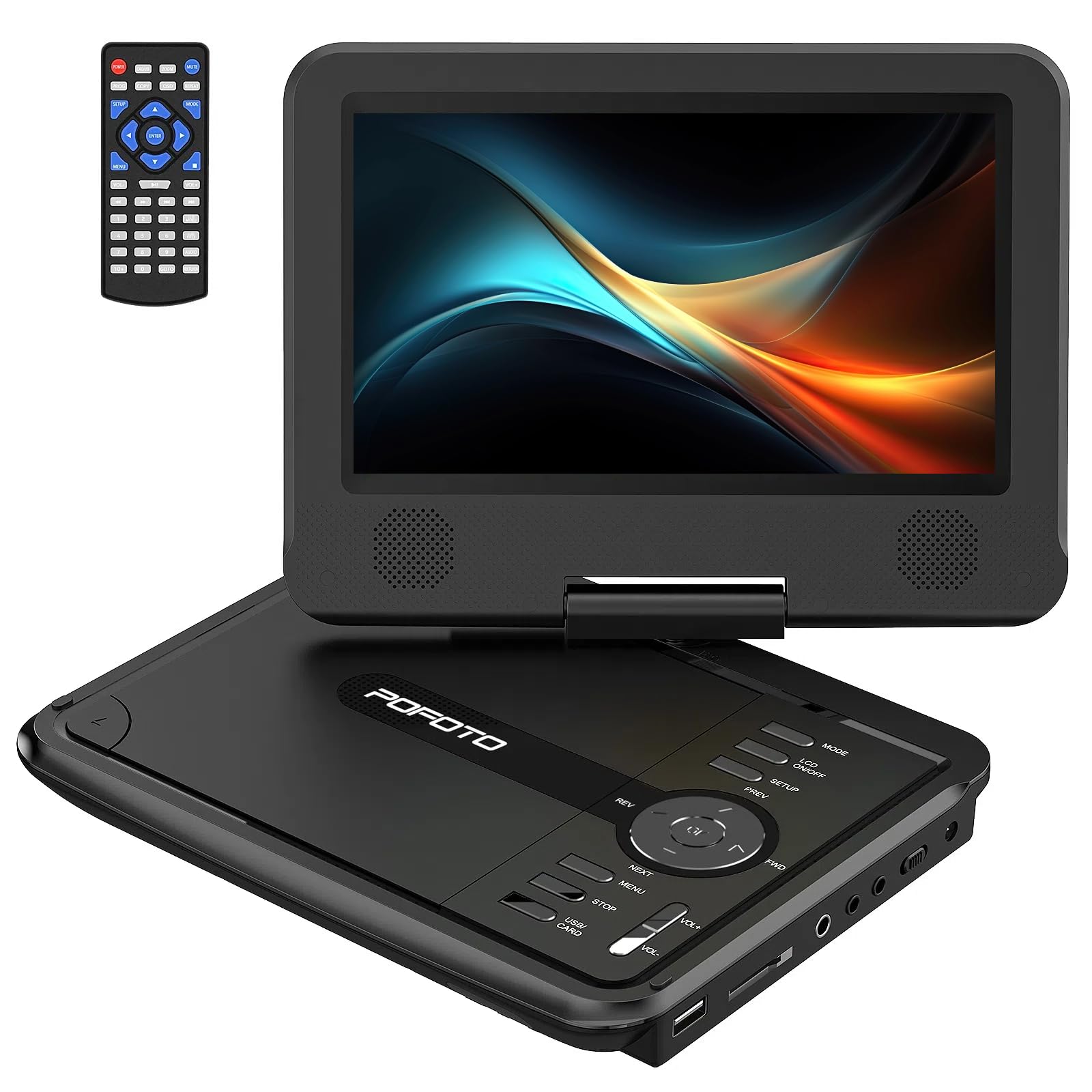 POFOTO 9.5" tragbarer DVD-Player für Kinder und Auto mit 7,5 Zoll schwenkbarem Bildschirm, 4–6 Stunden Betriebszeit, Auto-DVD-Player mit Zwei Lautsprechern, Fernbedienung, unterstützt Sync-TV