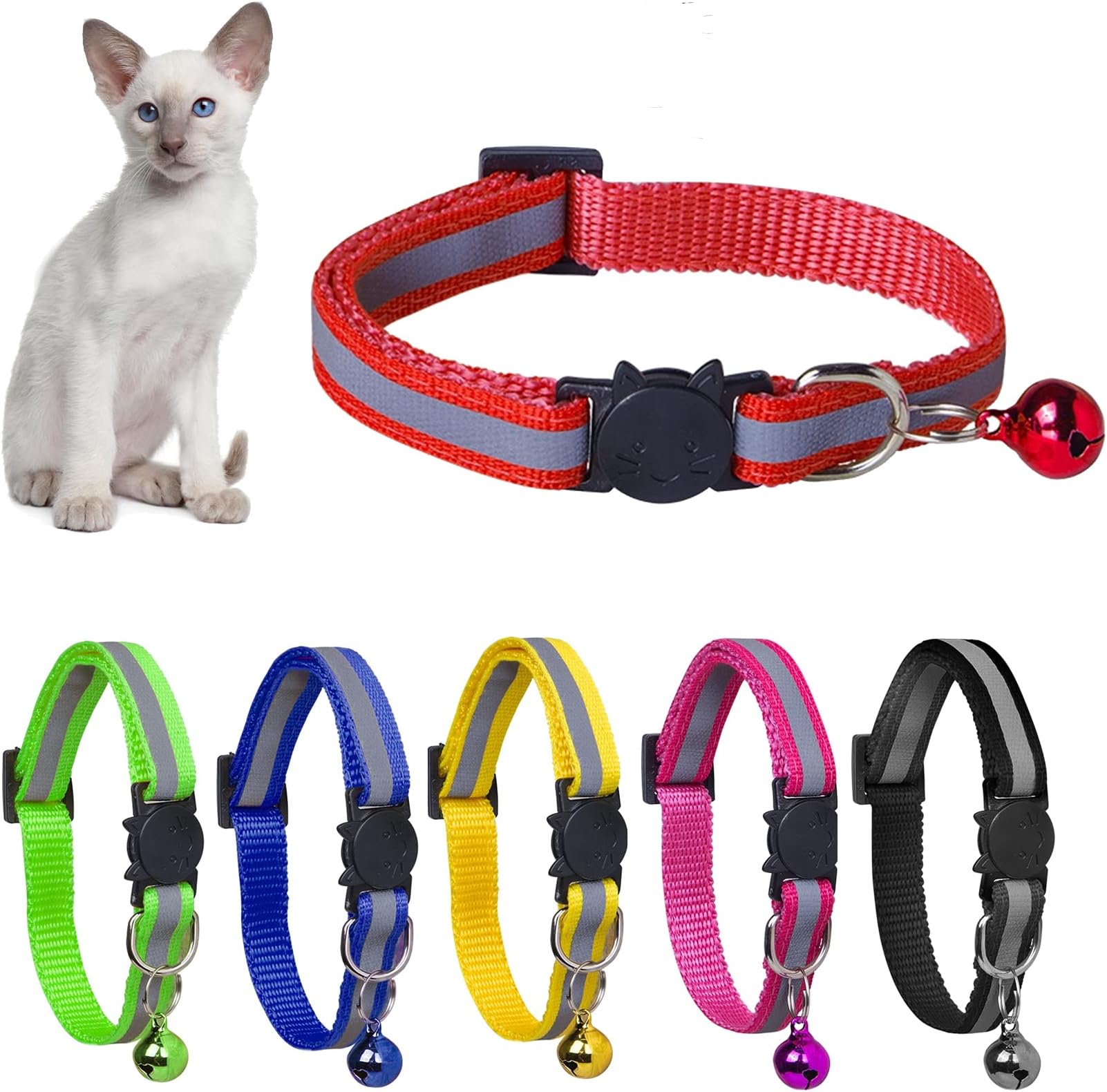 YHmall 6 Pack Reflective Cat Collars with Bells, Quick Safety Release Breakaway Cat Collars, Kitten Collars Adjustable 19-32cm