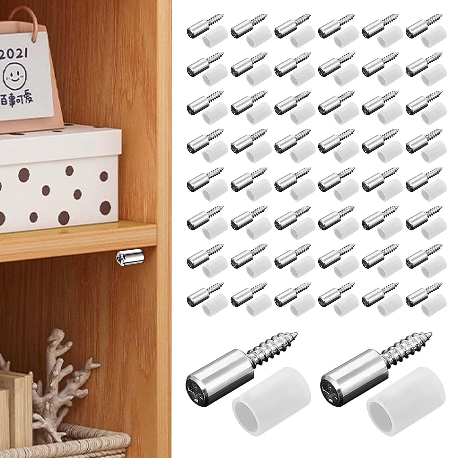 50PCS Shelf Pins, Metal Cabinet Shelf Pegs with Non-Slip Sleeve, Shelf Support Self-Tapping Screws Cabinet Laminate