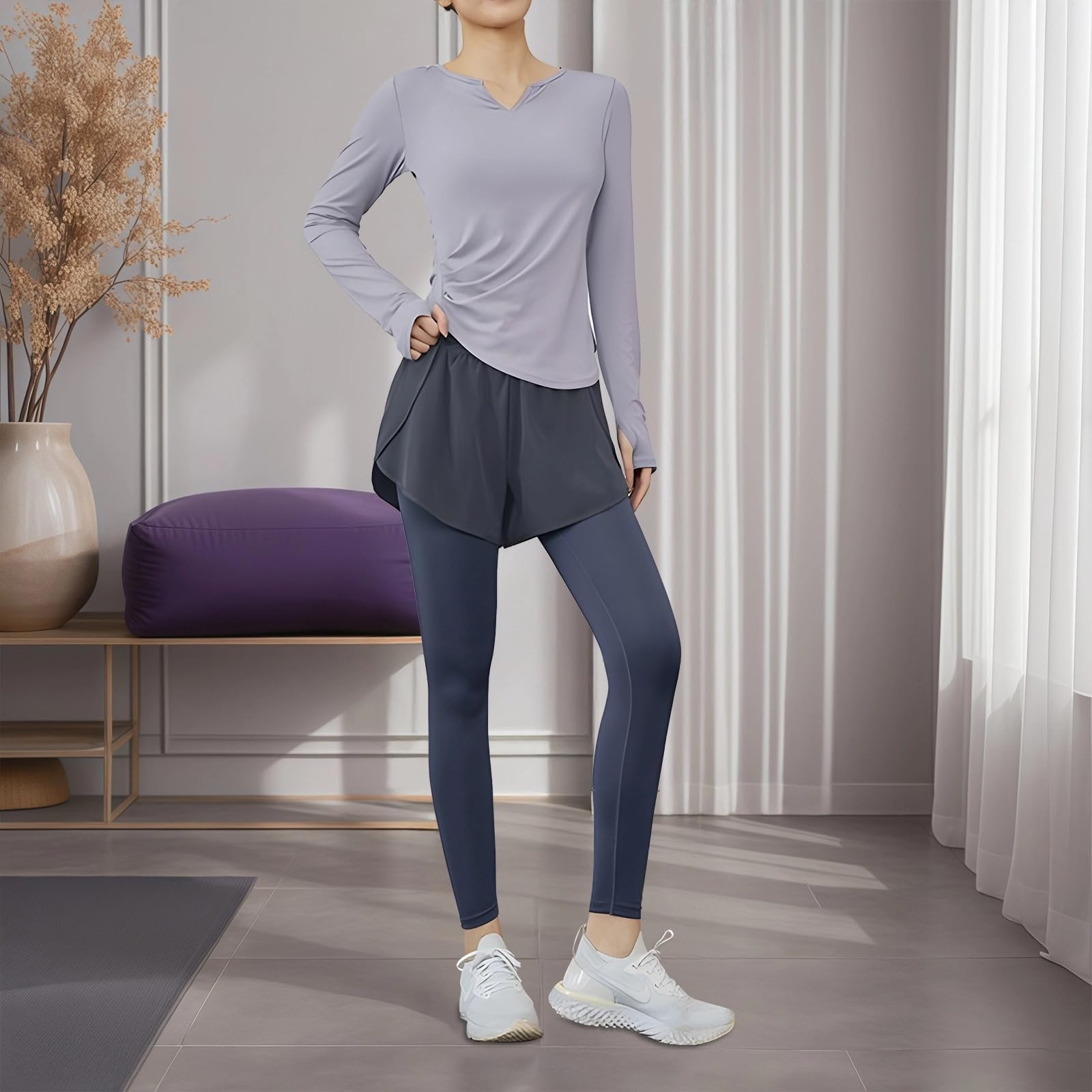 Tenue de Pilates noire XXL pour femme, comprend un haut à manches longues et un short ou des leggings, des vêtements de sport en polyester-élasthanne