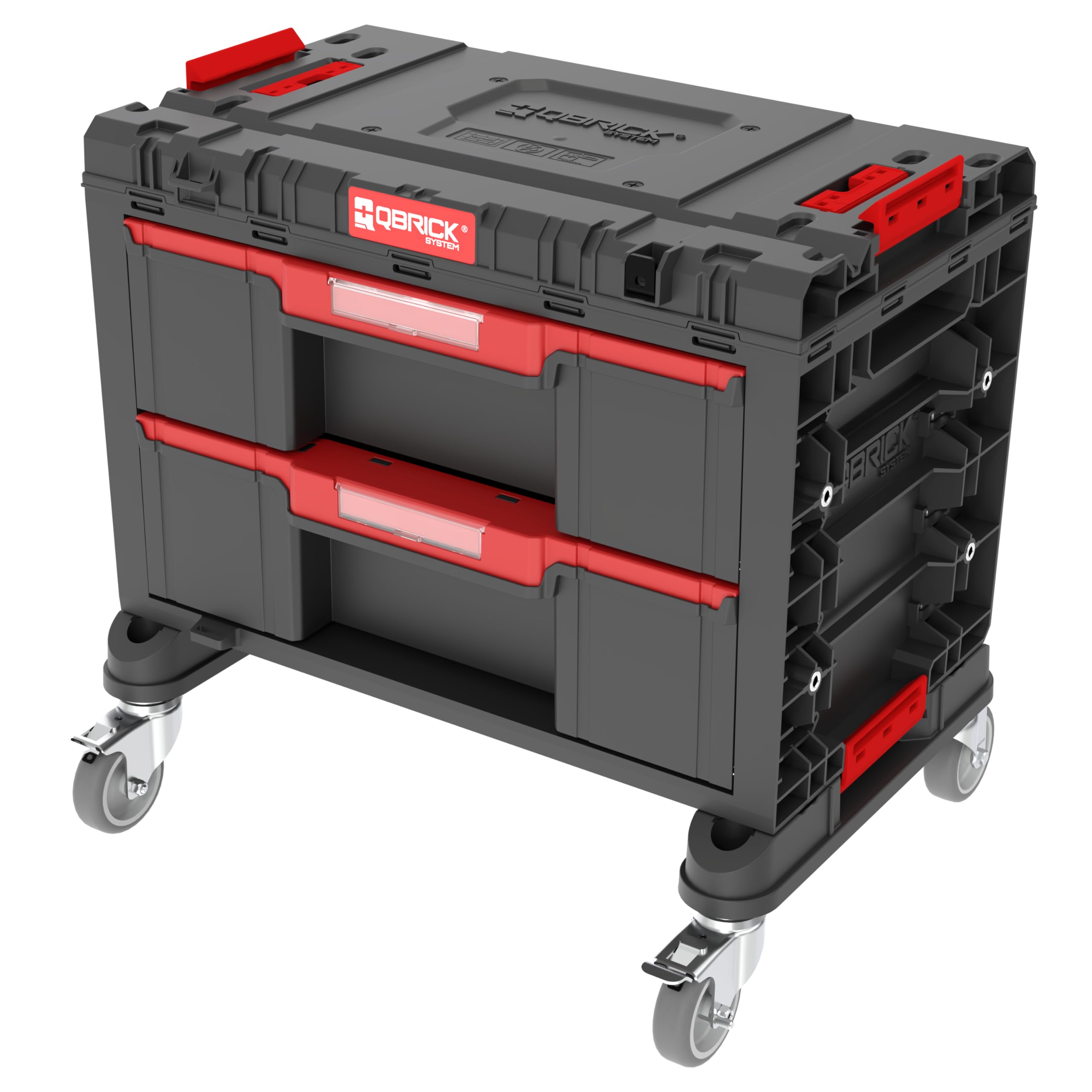 Qbrick System Skrzynka narzędziowa pusta – 2 szuflady – skrzynka na narzędzia – mobilny adapter na kółkach – 542 x 335 x 369 mm – czarna