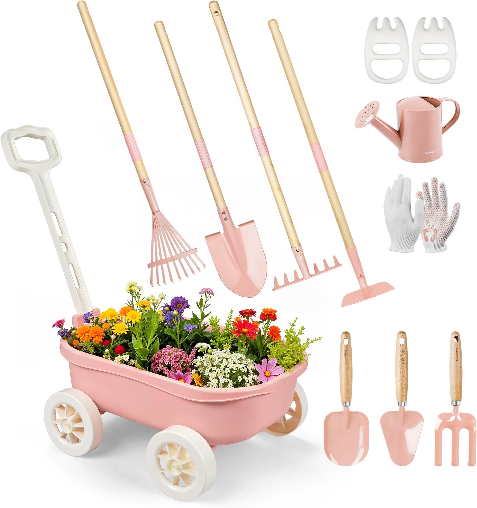 Kids Gardening Set with Wheelbarrow, 11-Piece Outdoor Yard, Beach, STEM Garden Play Kit with Child-Sized Tools, Durable, Safe & Fun Gift Toy for Ages 2+ Kids Toddlers Boys Girls, Pink