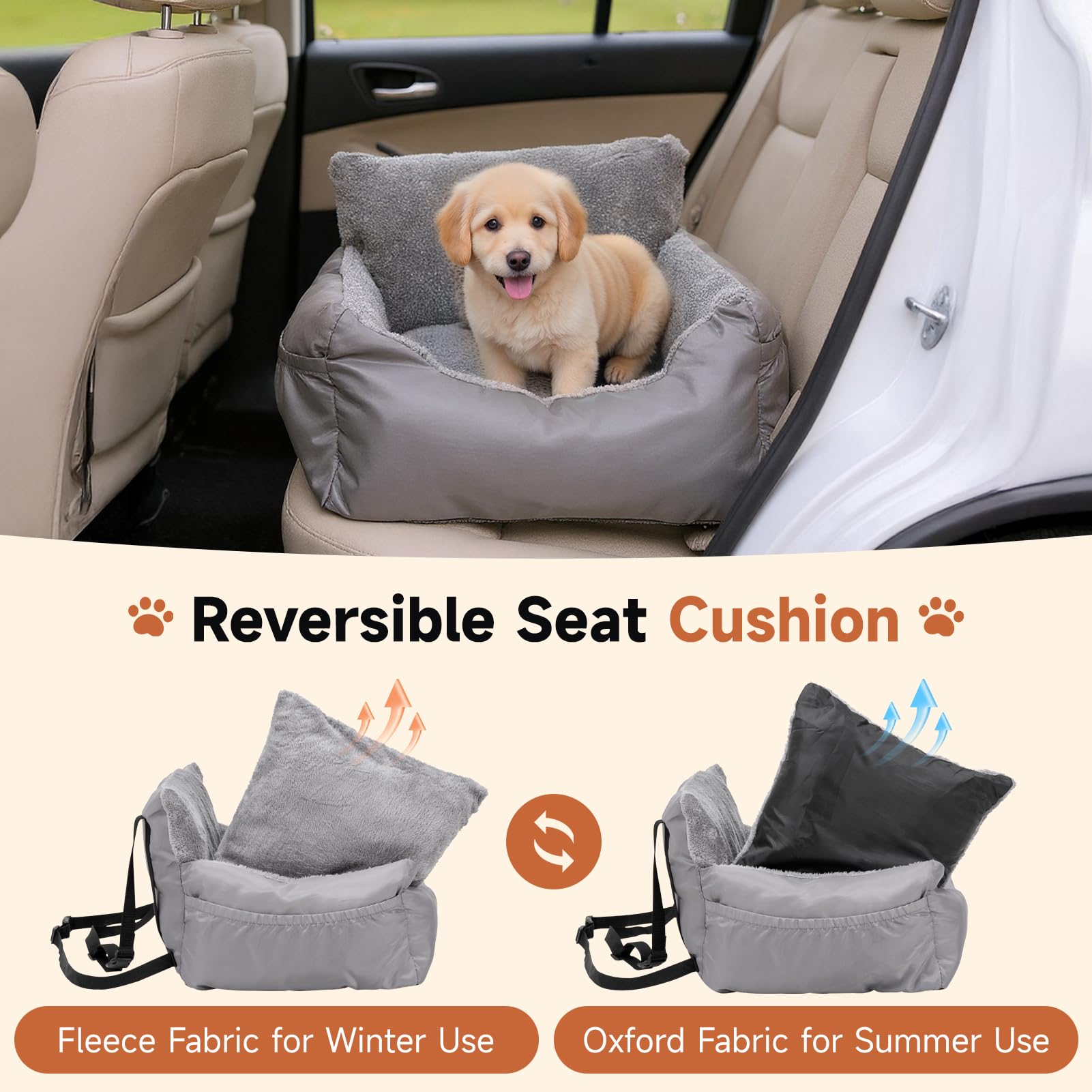The Fellie Siège auto pour chiens de petite taille, siège rehausseur de voiture imperméable avec laisse de sécurité, lit de voyage confortable pour animal domestique avec poche de rangement et base