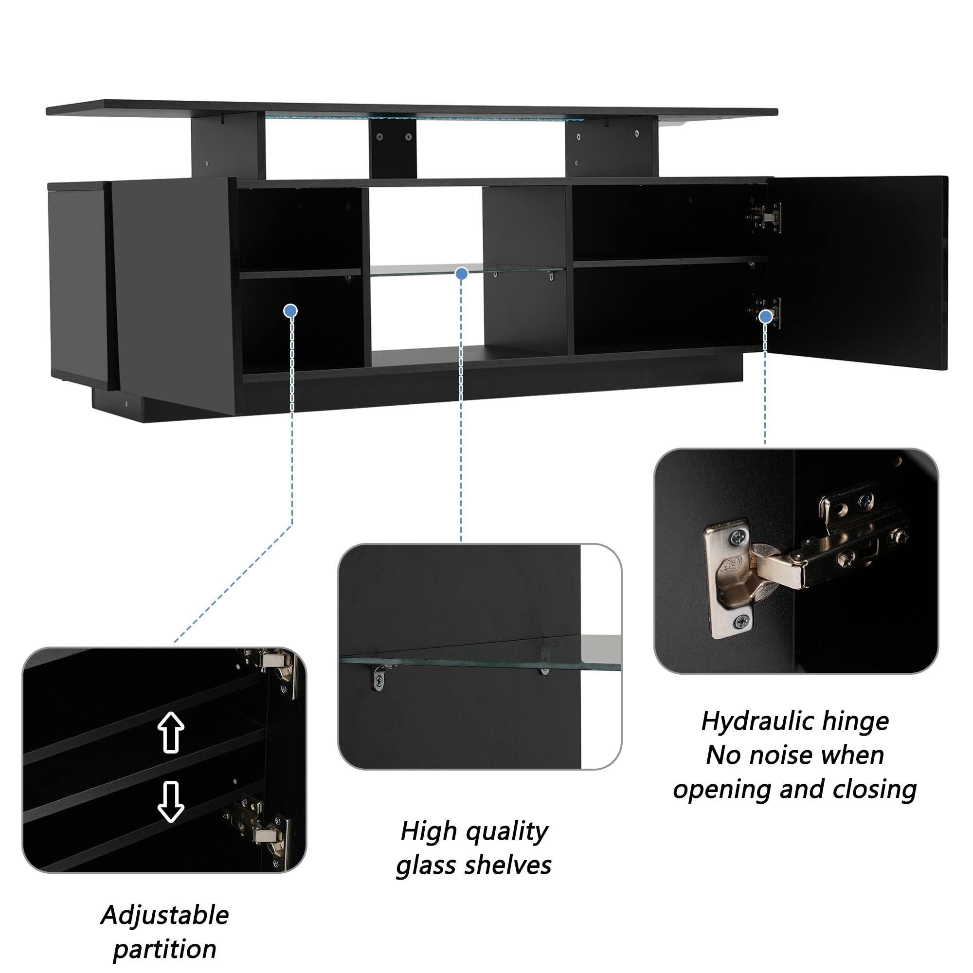 PUGSDRLY Meuble TV avec éclairage LED - Meuble TV Bas avec 5 Compartiments de Rangement Ouverts et 2 espaces de Rangement - Meuble de Rangement avec Compartiment en Verre pour TV de 60