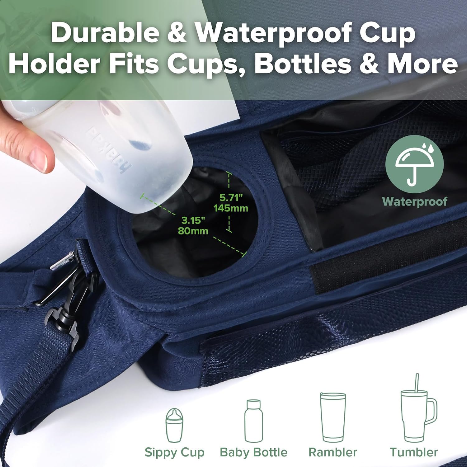 haakaa Universal Stroller Organizer with Insulated Cup Holder - Bluestone, Single Cup Holder, Stroller Caddy Accessories with Shoulder Strap & Extra Non-Slip Stroller Hook, Fits Most Strollers