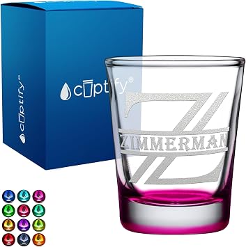 Cuptify Monogram Shot Glass Script Initial and Name 2oz Pink Bottom Etched with Personalized Text for Gifts, Weddings, Birthdays, Party, Event, Decorations