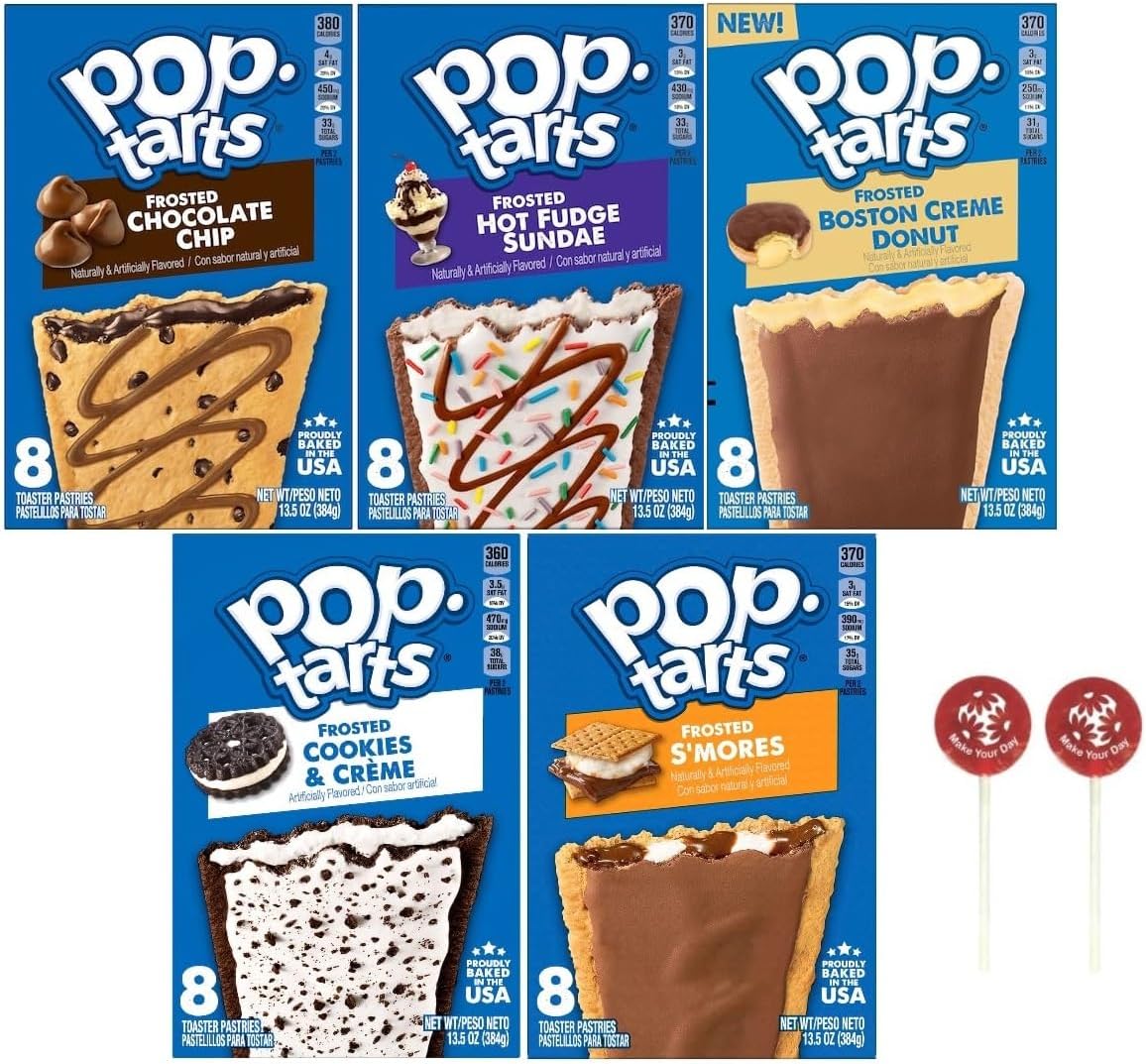 Pop Tarts Frosted Toaster Pastries, Chocolate Chip, Hot Fudge Sundae, Boston Creme Donut, Cookies & Creme, and Smores, 13.5 Ounce (Pack of 5) - with Two Make Your Day Lollipops