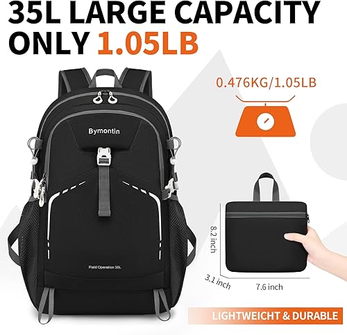 Miniatura 4 de Mochila plegable ligera de 35 litros - Mochila plegable duradera para viajes, senderismo y gimnasio (negro)