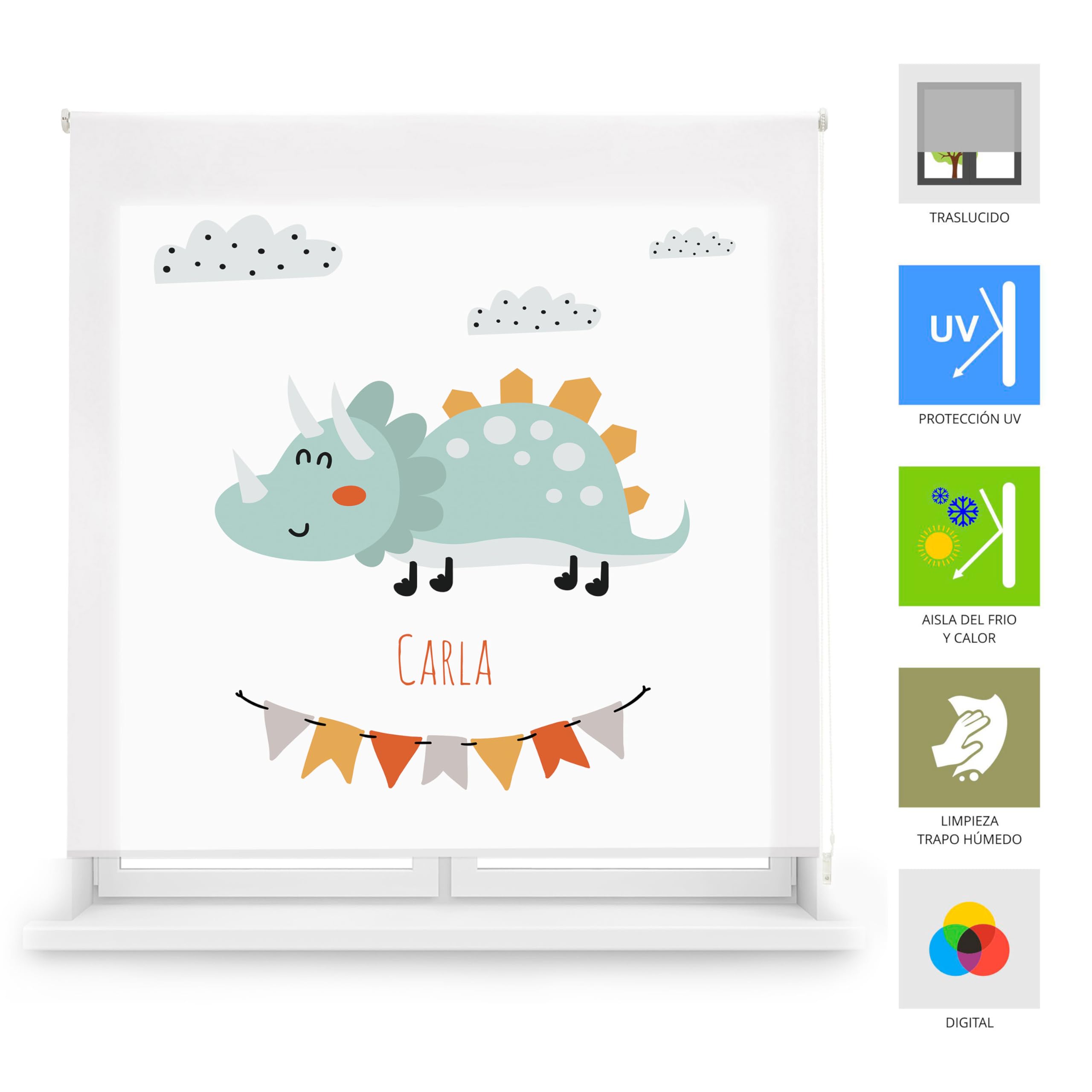 Blindecor | Estor Personalizado con Nombre | Estor Infantil 180 x 180 cm | Estores Enrollables con Impresión Digital Translúcido | Dibujo Cretacico