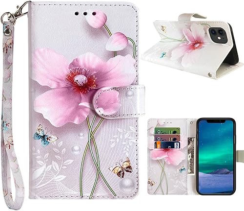 JanCalm Funda tipo cartera compatible con iPhone 11, piel sintética de alta calidad con diseño floral correa para muñeca ranuras para