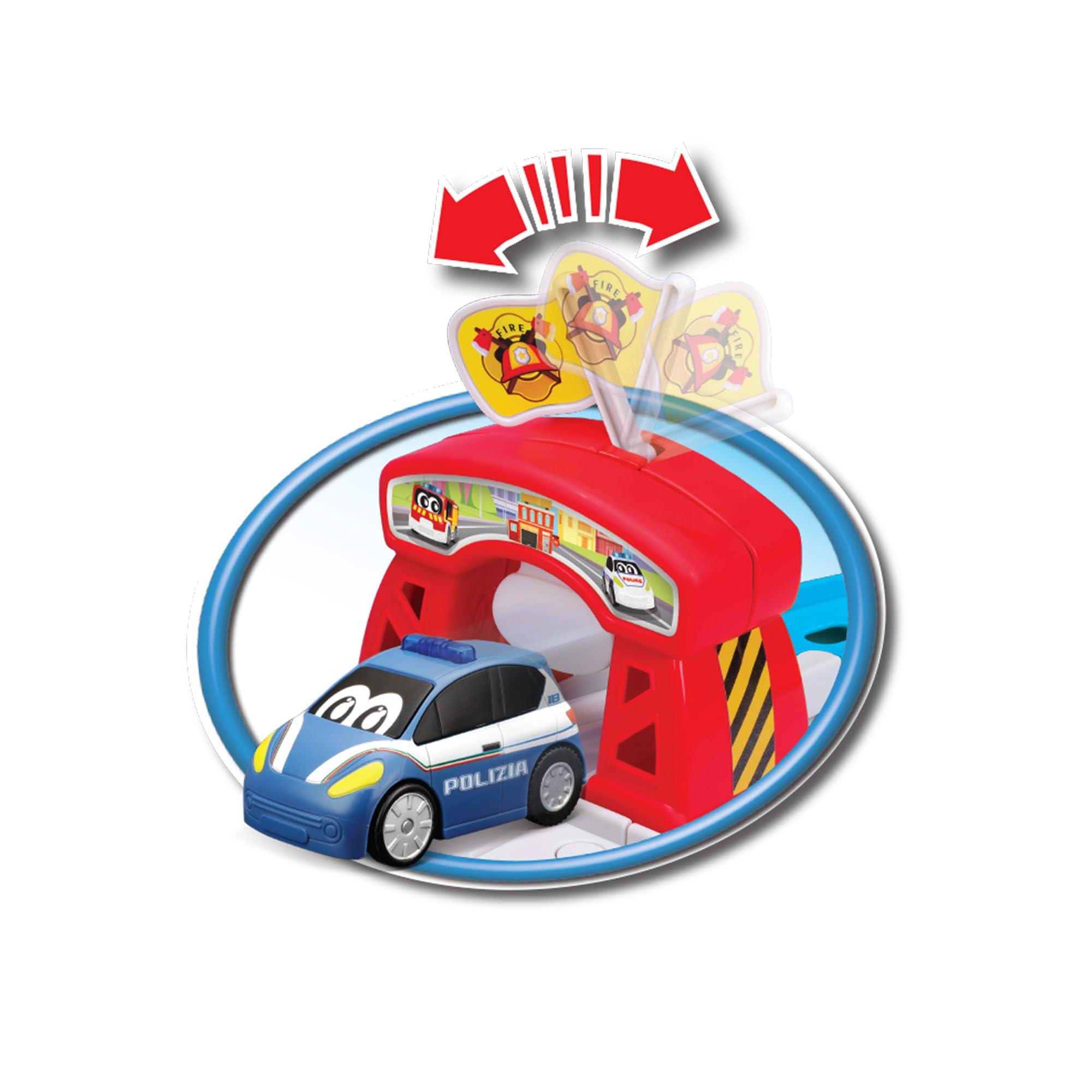 BBURAGO Shake-It Runner Infinity Track Polizia - Pista da Corsa Giocattolo con Macchina della Polizia, Funzione Shake & Go, Licenza Ufficiale Polizia, Età Consigliata 24+ Mesi