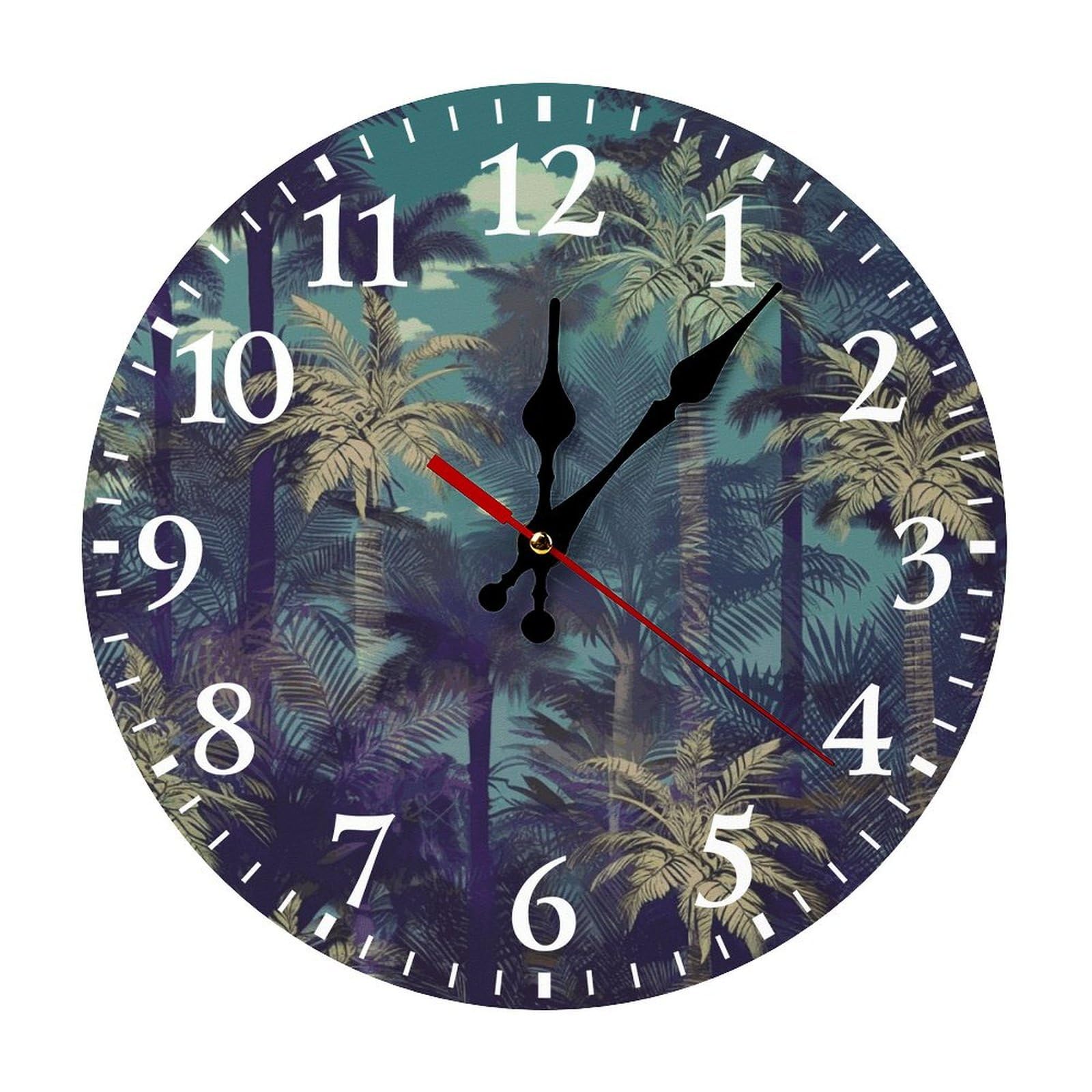 NTVOWPZO 10 Inch Wall Clock Fantasy Palm Tree Jungle Battery Operated Wall Clocks Silent Non-Ticking Round Wall Clock for Living Room Kitchen Home Office Wall Decorative Clock