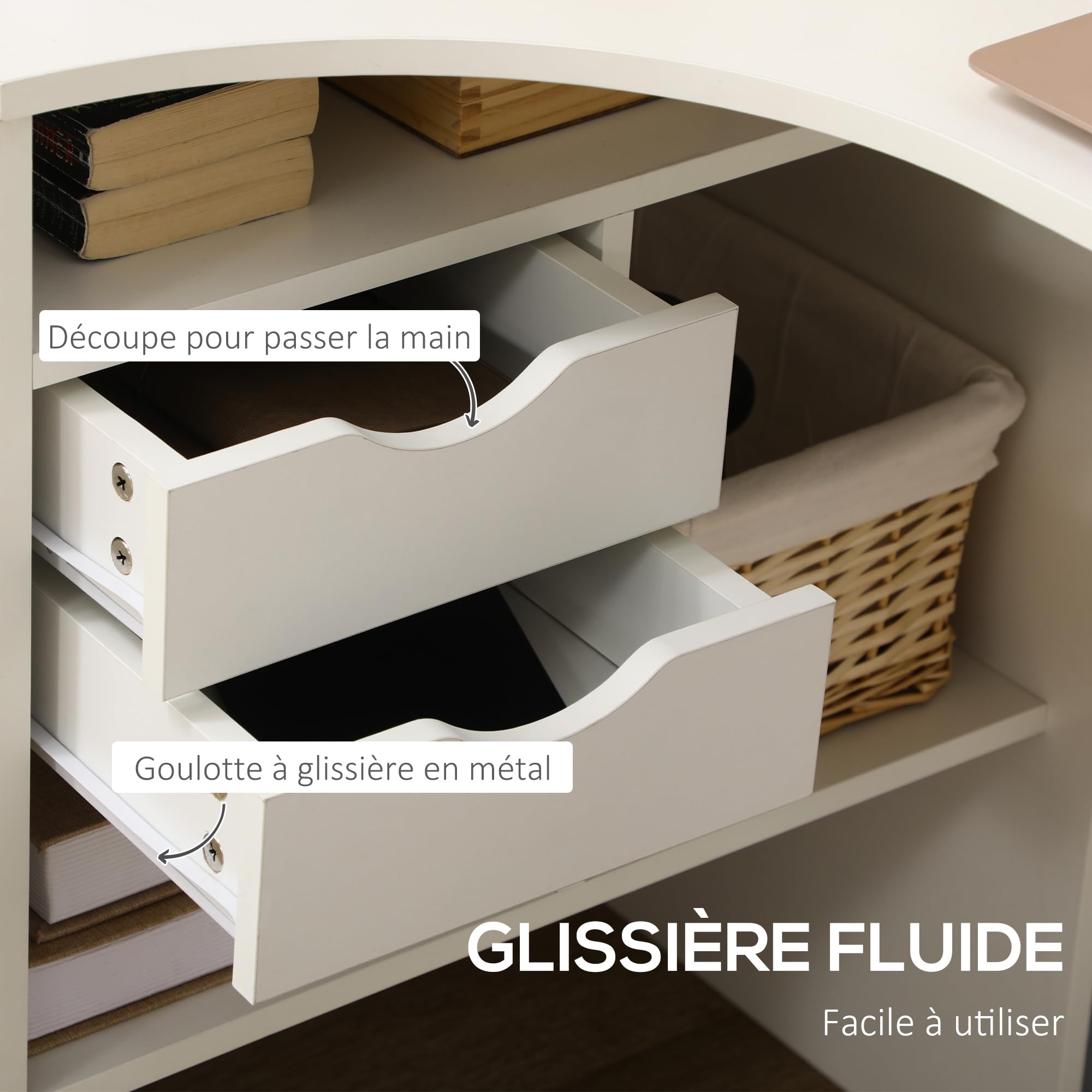 HOMCOM Scrivania angolare con 2 cassetti, 120 x 60 cm, Scrivania a L con 3 scomparti aperti, Tavolo per computer per studiare, lavoro, camera, casa, bianco