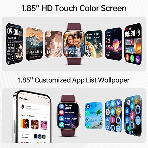 Vista 7 de Reloj inteligente para hombres y mujeres, reloj inteligente con llamadas Bluetooth con voz AI, 1.85 pulgadas HD DIY Dial Fitness Watch BRed Rojo