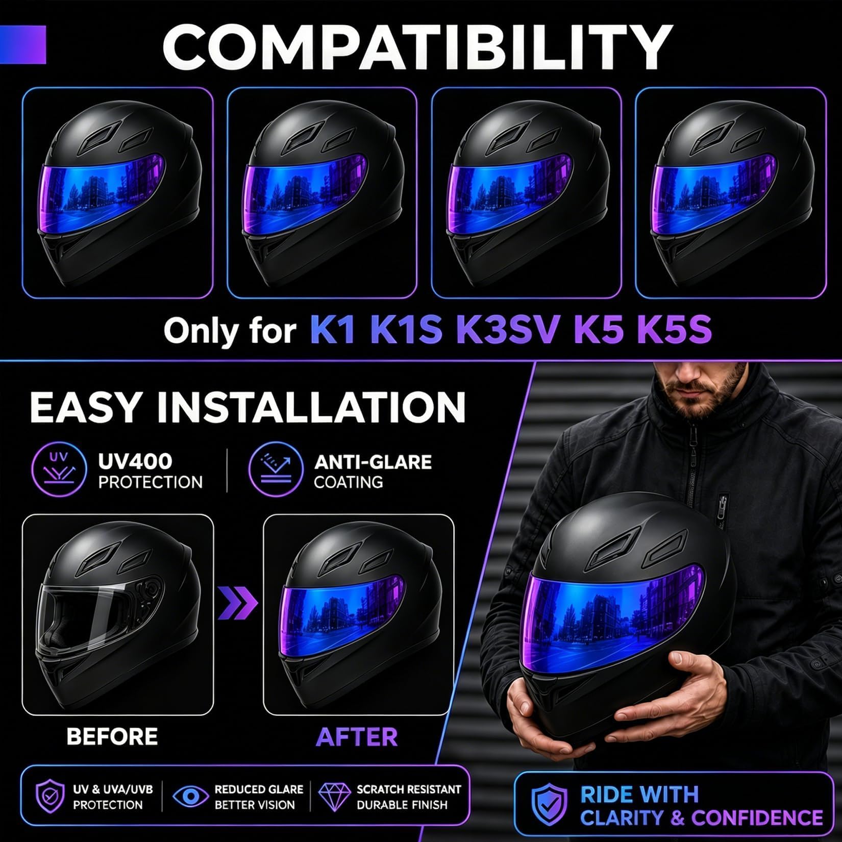 PSLER k1s Visor - k1 Helmet Visor k3 sv Przyciemniany wizjer k5 Zamiennik osłony twarzy dla k1 k1s k3 sv k5, tęczowy
