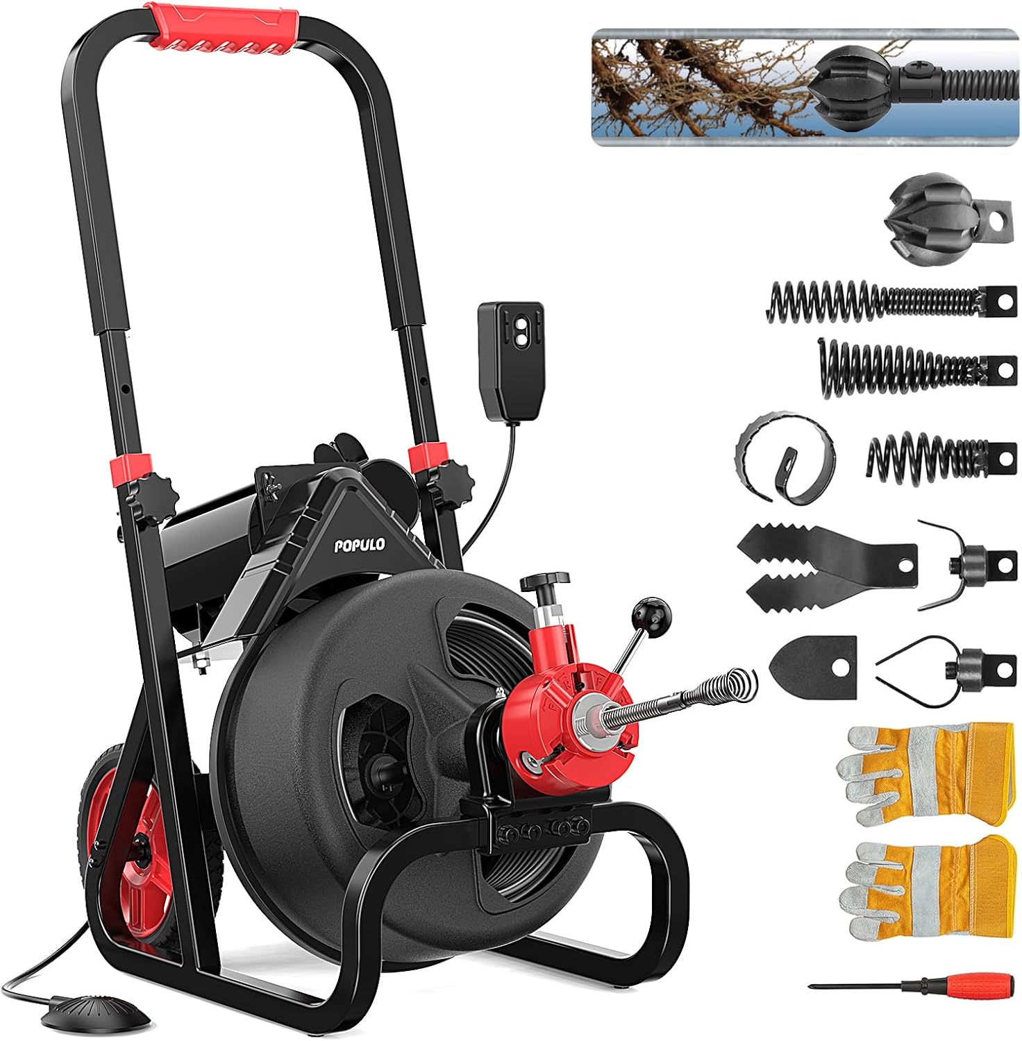 POPULO 75 ft x 1/2 inch Upgraded Electric Sewer Drain Snake Auger with 8 Cutters and 1 Root Killer, for 2-4 inch Pipes, Auto Feed Plumbing Drain Cleaner Machine, PEDC-75 Generation Two