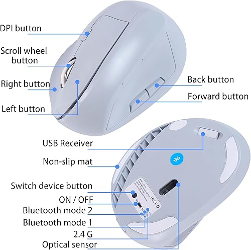 Miniatura 8 de Ratón inalámbrico Bluetooth vertical ergonómico doble modo recargable, silencioso, portátil, de alta precisión, óptico inalámbrico con receptor USB