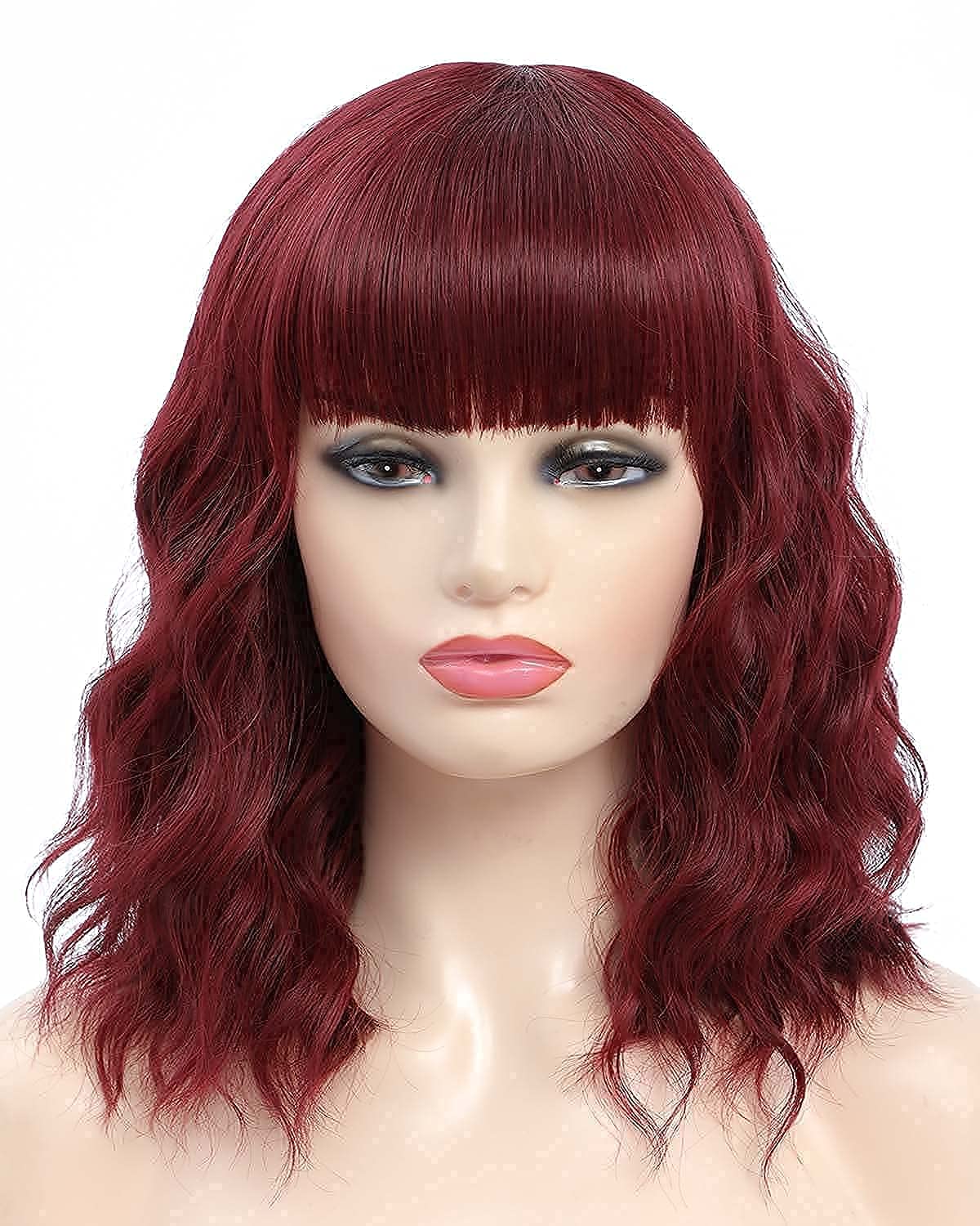 Red Short Curly Wavy Bob Wigs with Bangs Halloween Cosplay Costume Wigs for Women Girls Shoulder Length Wigs Heat Resistant Synthetic Hair Daily Party Wig 14 Inch - Image 3