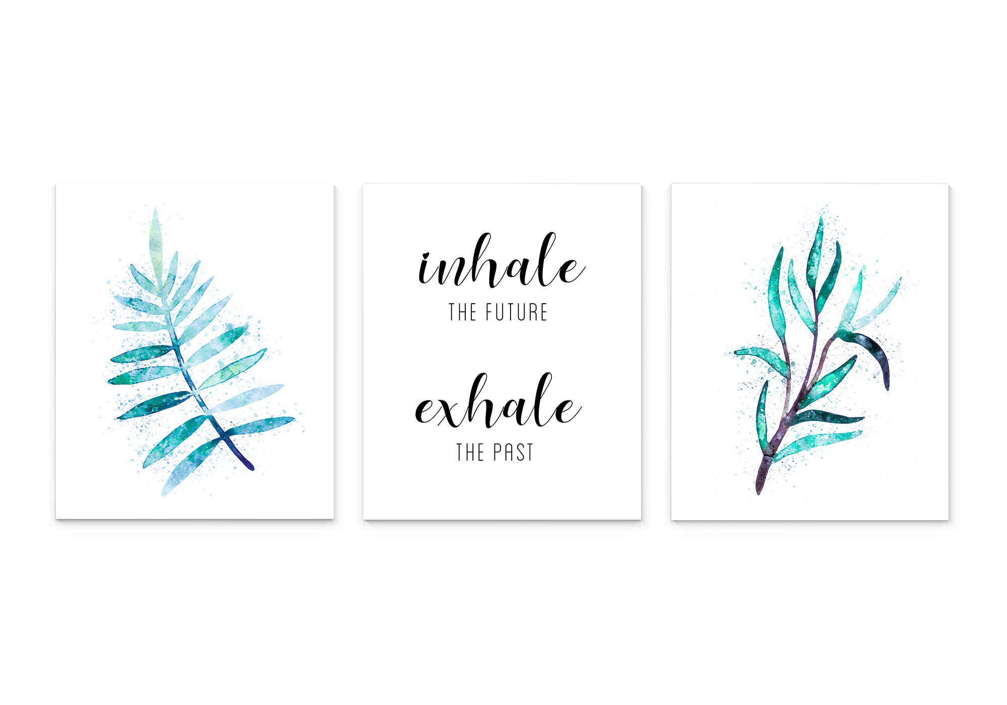 Modern Blue Green Tropical Leaf Typography Inhale the Future Exhale the Past Saying Wall Art Set of 3, 8x10 inch Unframed Print Poster With Inspirational Quote for Office, Yoga or Home Decor