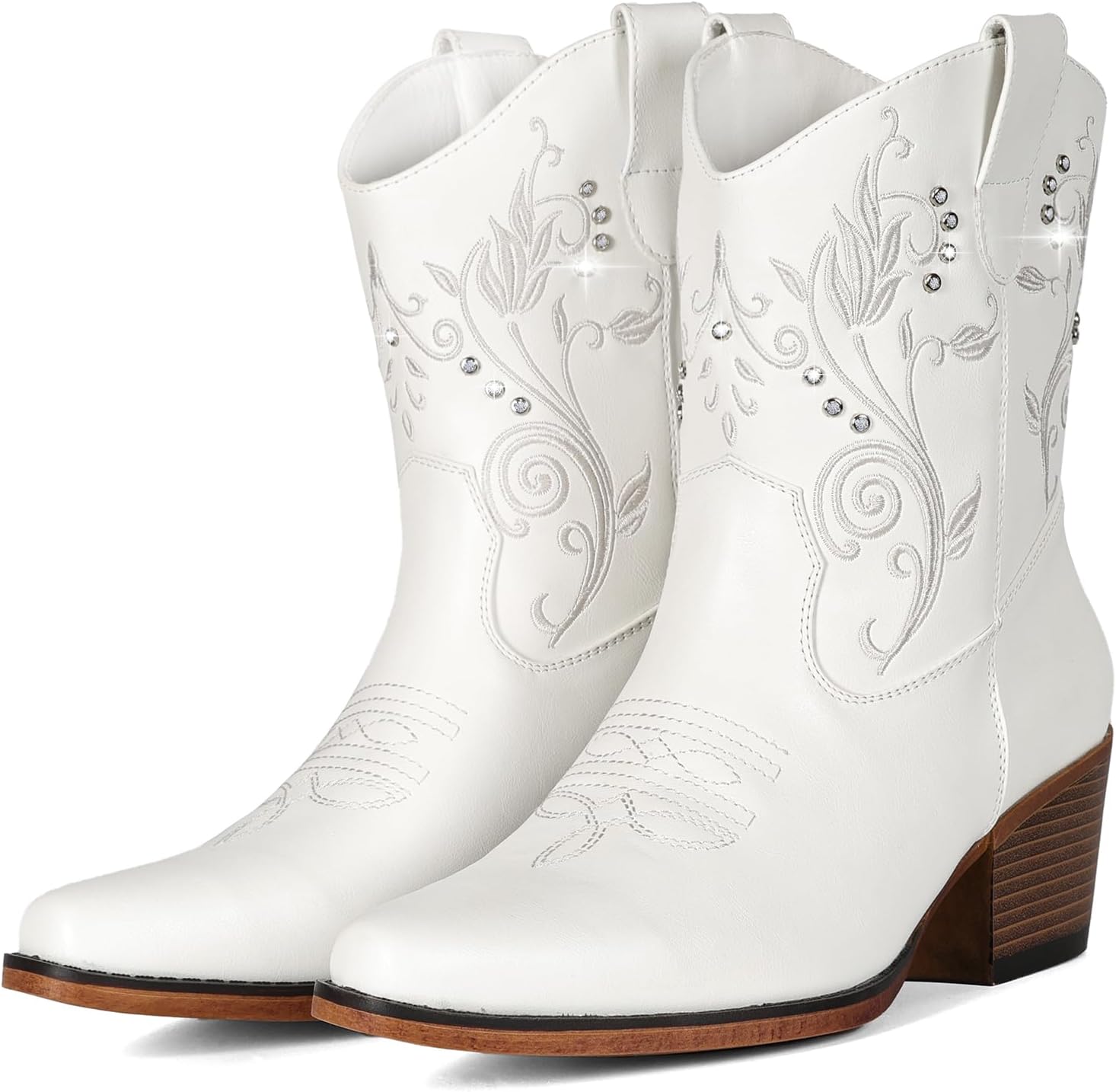 IUV Cowboy Boots for Women Ankle Cowgirl Boots with Embroidered Rhinestone Decor Chunky Heel Snip Toe Classic Western Wide Booties