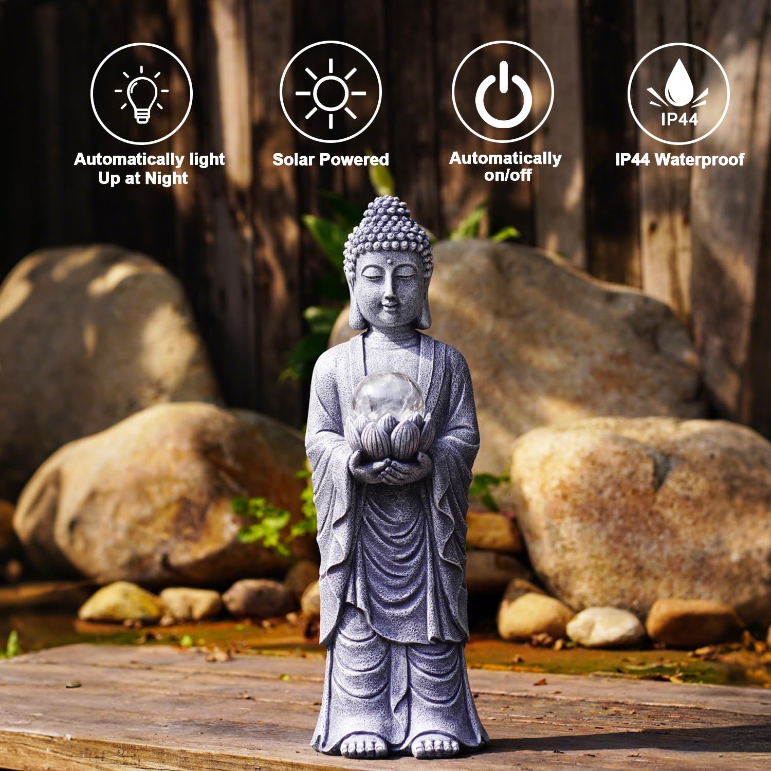 Yeomoo Solarna figurka Buddy, wysokość 46 cm, z efektem crackle LED, duża duchowa dekoracja do ogrodu Zen, medytacji, jogi i Feng Shui, prezent dla kobiet/mamy (ogród, taras, salon), szara