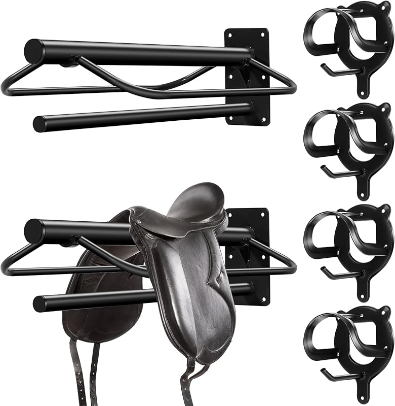 Suporte de Parede para Sela e Cabeçadas Paterr em Metal Preto Fosco, com 4 Ganchos e 2 Racks