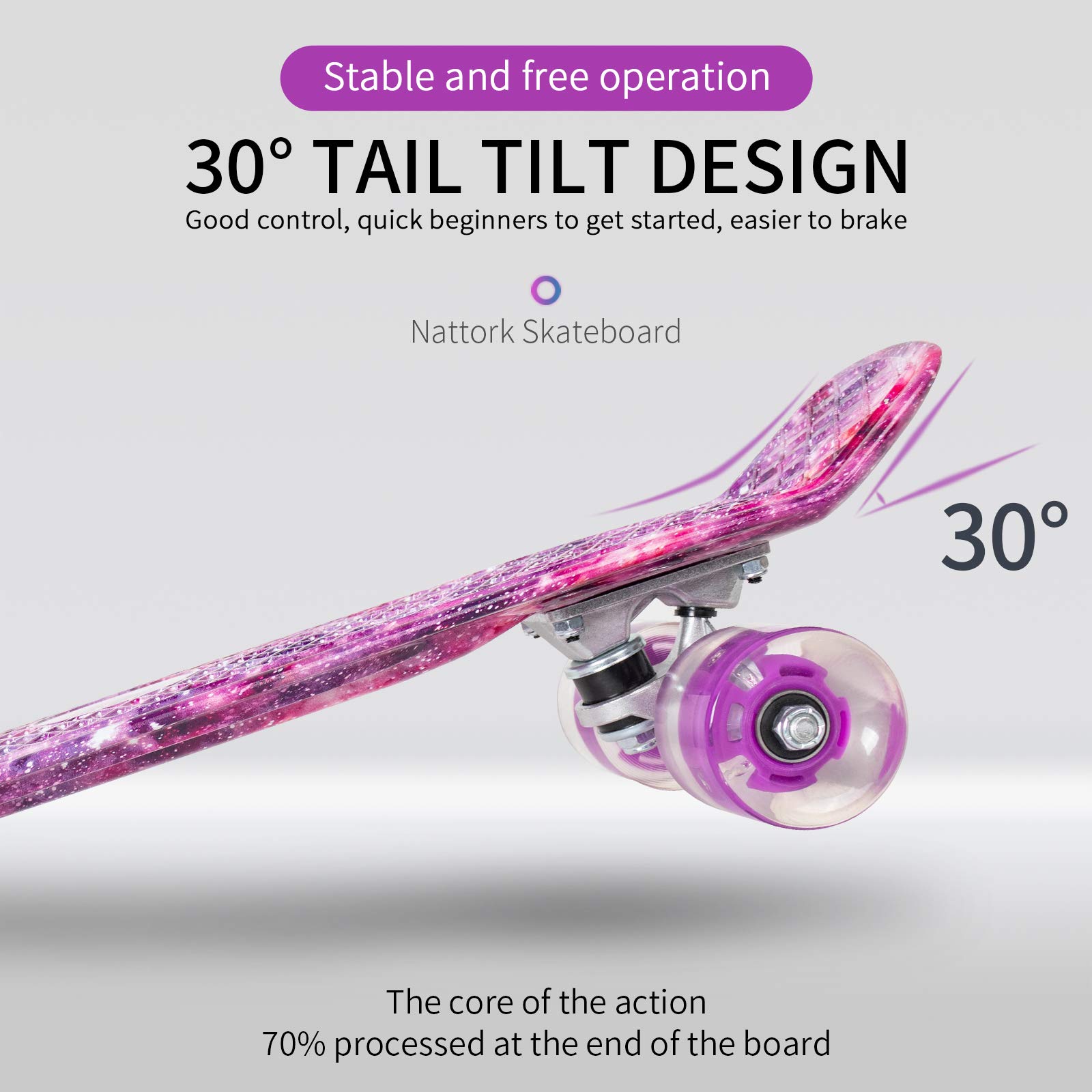Nattork Skateboards 22 Inch Mini Cruiser Skateboard Complete Retro Skate Boards with Colorful Light Up Wheels for Kids Girls Boys Beginners