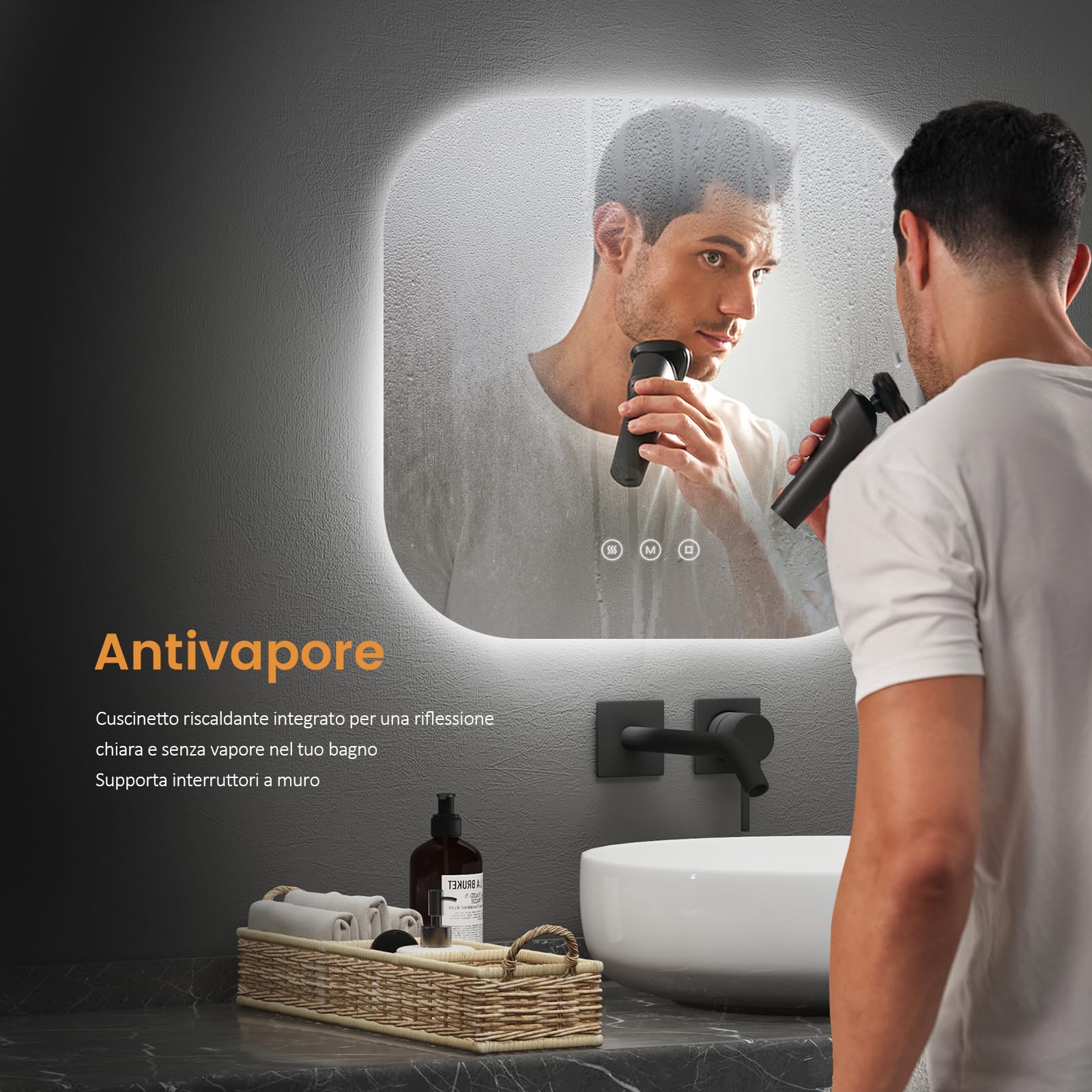 EMKE Specchio da bagno con illuminazione 60x60 cm, Anti-Appannamento, 3 colori di luce regolabili, luminosità regolabile, funzione memoria, risparmio energetico, Specchio LED Quadrato