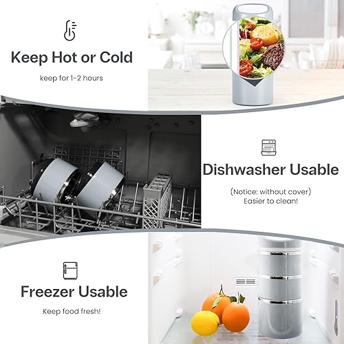 Miniatura 5 de Lille Home Envases de Almuerzo Apilables de Acero Inoxidable, Capacidad de 43OZ 3 Capas Caja Bento a Prueba de Fugas para Adultos, Lonchera Portátil