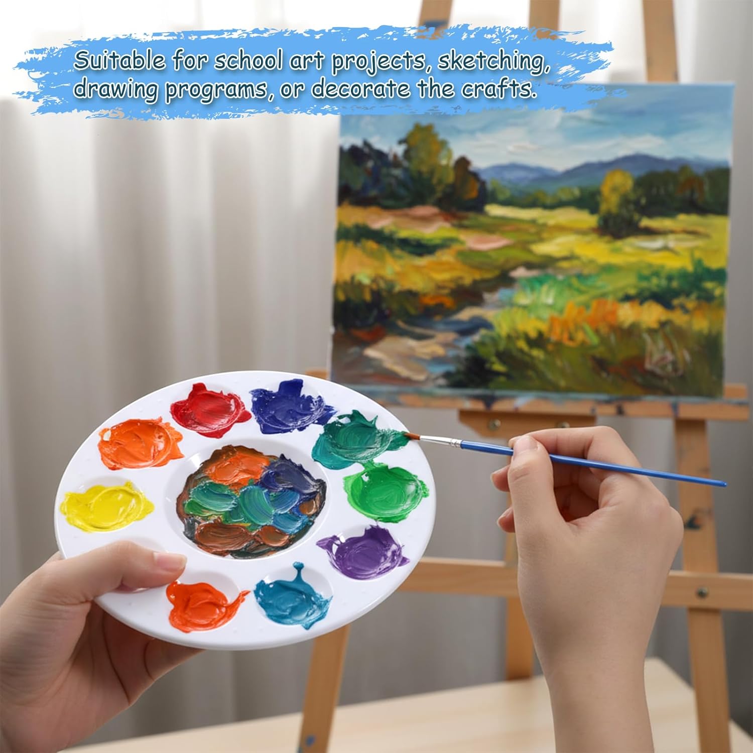 100 Pcs Paint Tray Palettes, Plastic Round Paint Pallets with 10 Wells White Washable Pallets Trays Holder for Art Classes Acrylic Painting Watercolor DIY Crafting Dimensions 6.3inch