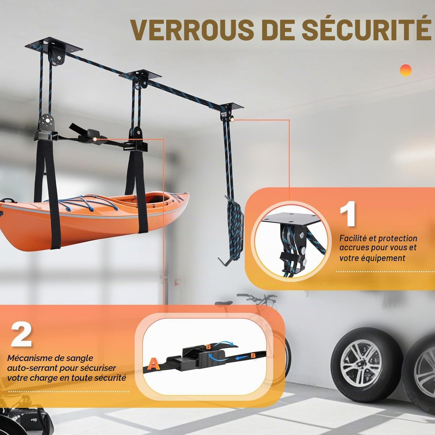 Hikeen Système de Stockage Kayak Plafond: Système de Poulie de Levage pour Kayak Palan Manuel pour Rangement de Kayak avec Capacité de 68KG, Rangement Plafond Garage comme Support Velo Plafond