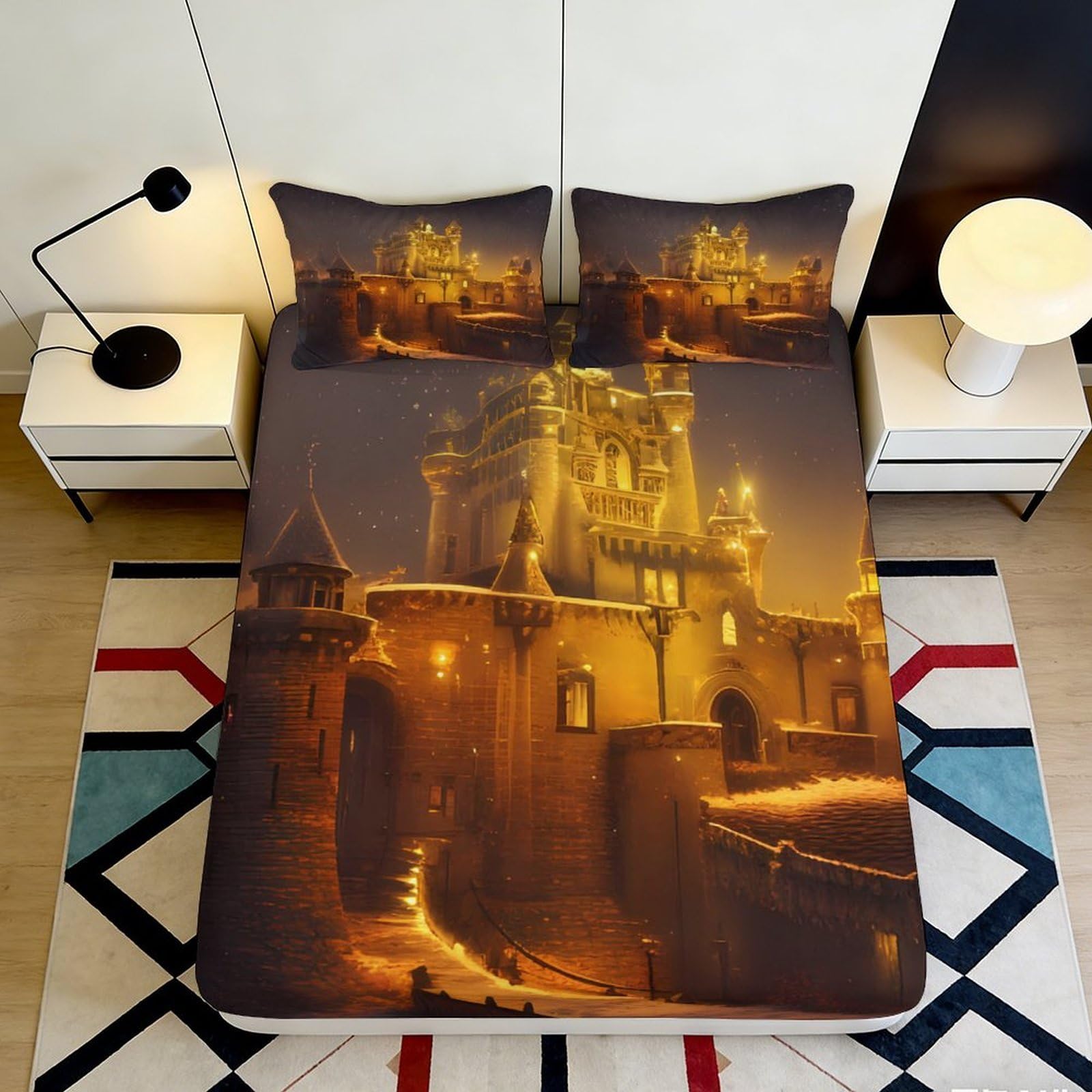 3D Printed Castle Night Fitted Sheet Microfiber Soft Durable 3D Printed Historic Fortress Mattress Cover for Bedroom Dormitory Guest Room Protection 200x200x25cm