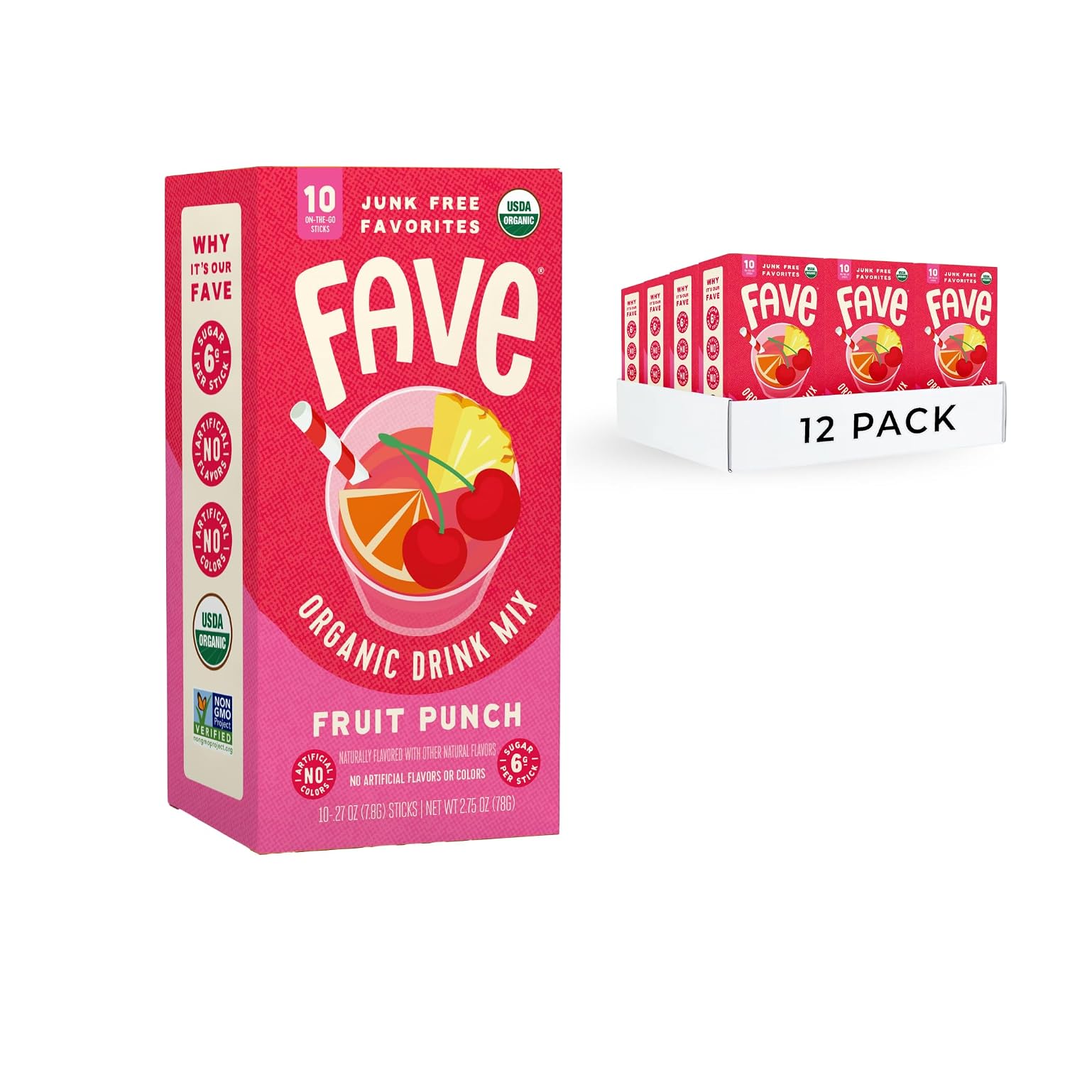 FAVE USDA Organic Fruit Punch Drink Mix, 12×10 Case Pack (120 Sticks) | No Artificial Colors or Flavors, Non-GMO | Case Pack for Homes, Offices & Events