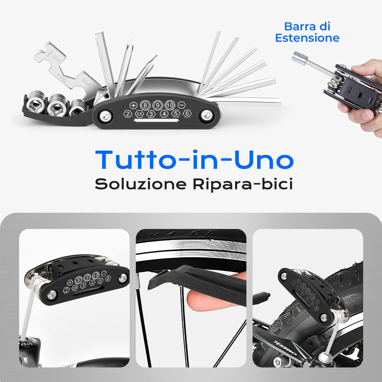 Kit Riparazione Velo, Kit Strumenti Bicicletta, Strumento Multifunzione 16 in 1, Kit di Foratura Velo con 3 Leva Pneumatico Velo, Rustine Velo Accesorio per Bicicletta, MTB Ciclismo